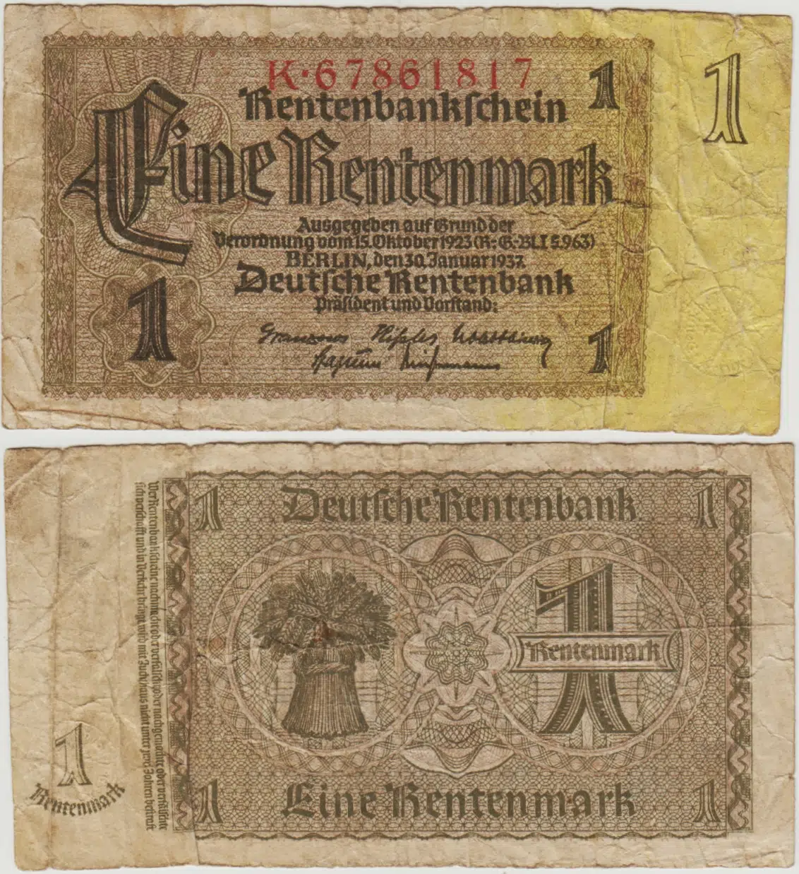 ALMANYA 1 RENTENMARK 1937 TEMİZ.