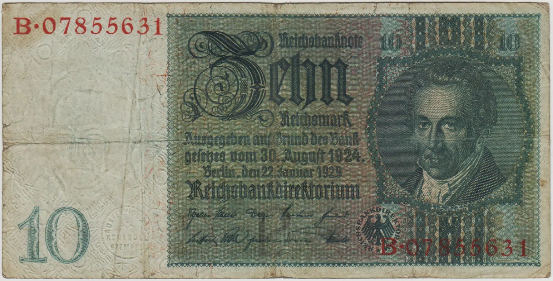 ALMANYA 10 MARK 1929 III. REICH 1931-48 ARASI KULLANILMIŞTIR. ÇOK TEMİZ(-)