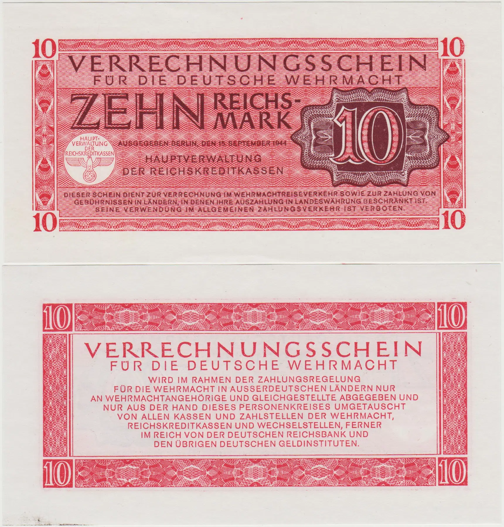 ALMANYA 10 MARK 1944 NAZİ SİLAHLI KUVVETLER İÇİN GAMALI HAÇLI-DEUTSCHE WEHRMACHT. ÇİL(-)