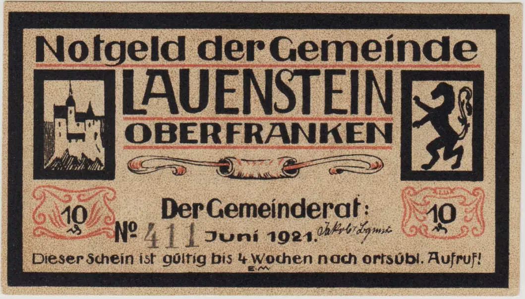 ALMANYA 10 PFENNİG 1921 NOTGELD-LAUENSTEİN BELEDİYESİ. ÇİL.
