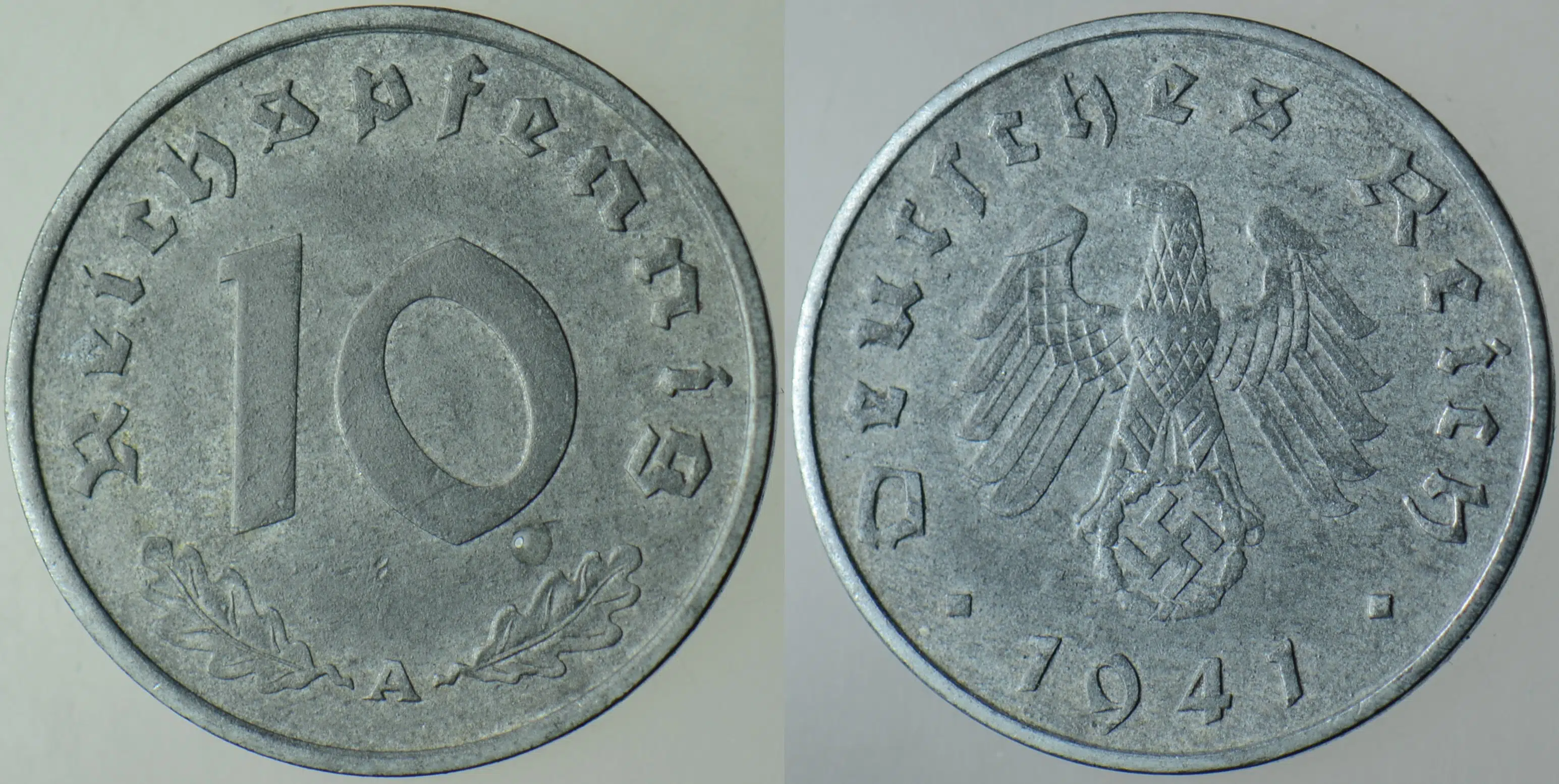 ALMANYA 10 PFENNİG 1940 A. İKİNCİ DÜNYA SAVAŞI NAZİ DÖNEMİ. GAMALI HAÇ. ÇİNKO.