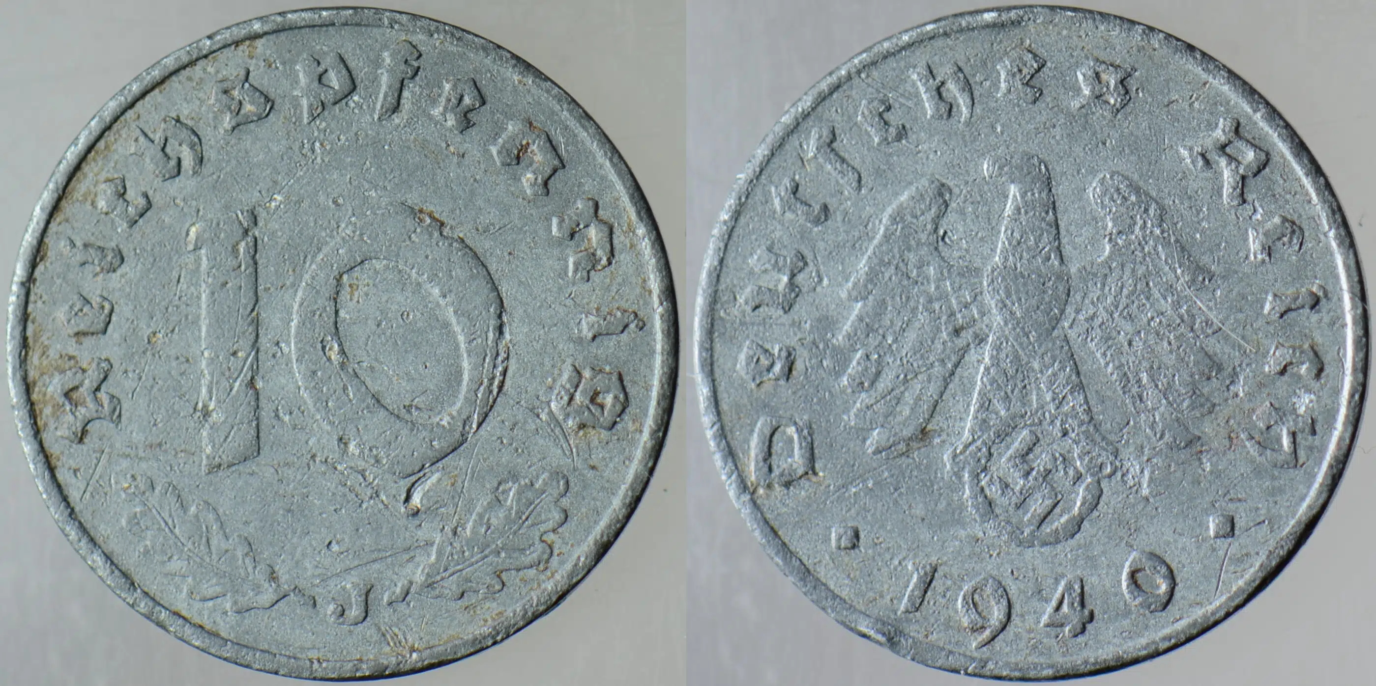 ALMANYA 10 PFENNİG 1940 J. İKİNCİ DÜNYA SAVAŞI NAZİ DÖNEMİ. GAMALI HAÇ. ÇİNKO.