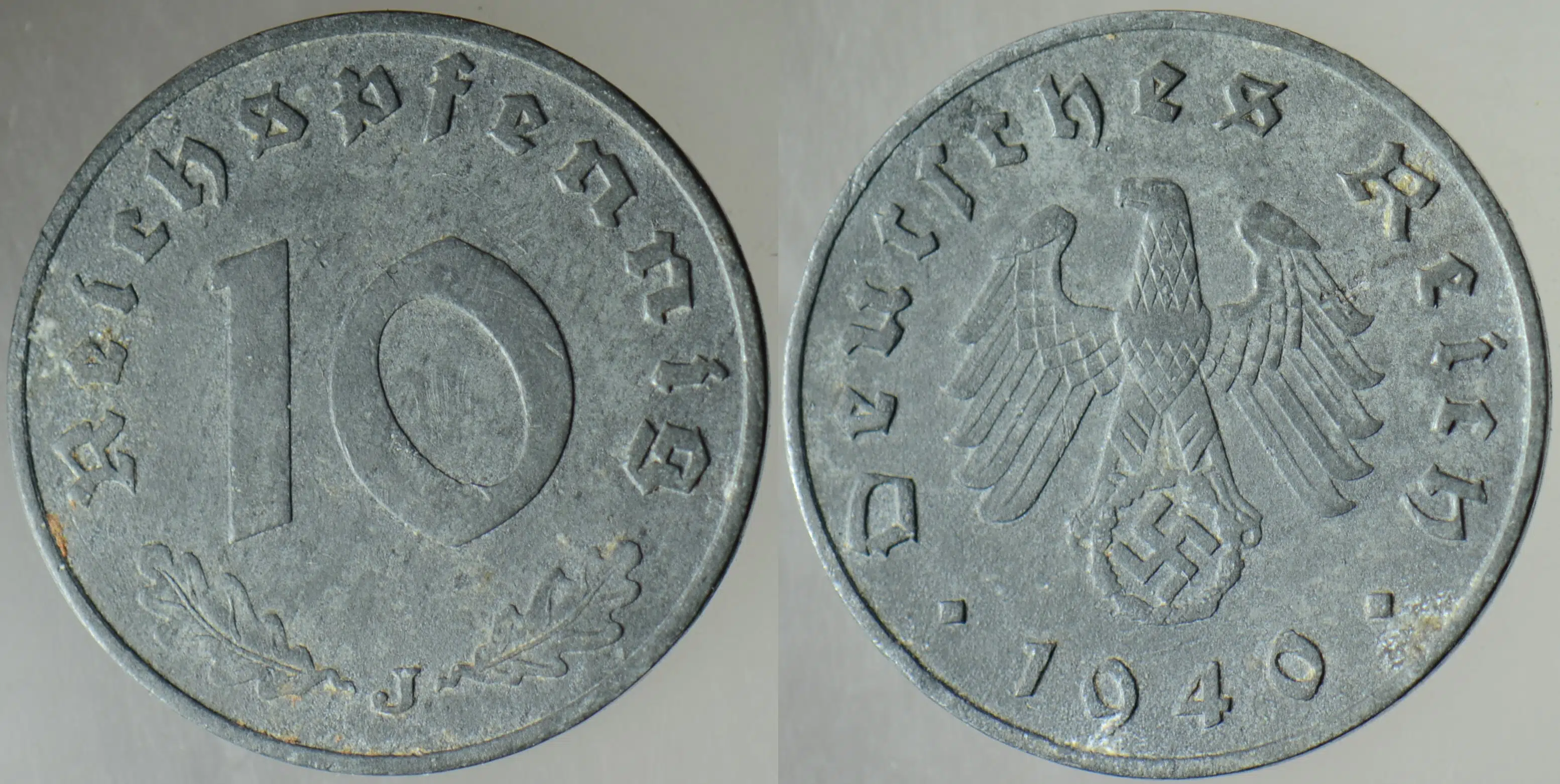 ALMANYA 10 PFENNİG 1940 J. İKİNCİ DÜNYA SAVAŞI NAZİ DÖNEMİ. GAMALI HAÇ. ÇİNKO.