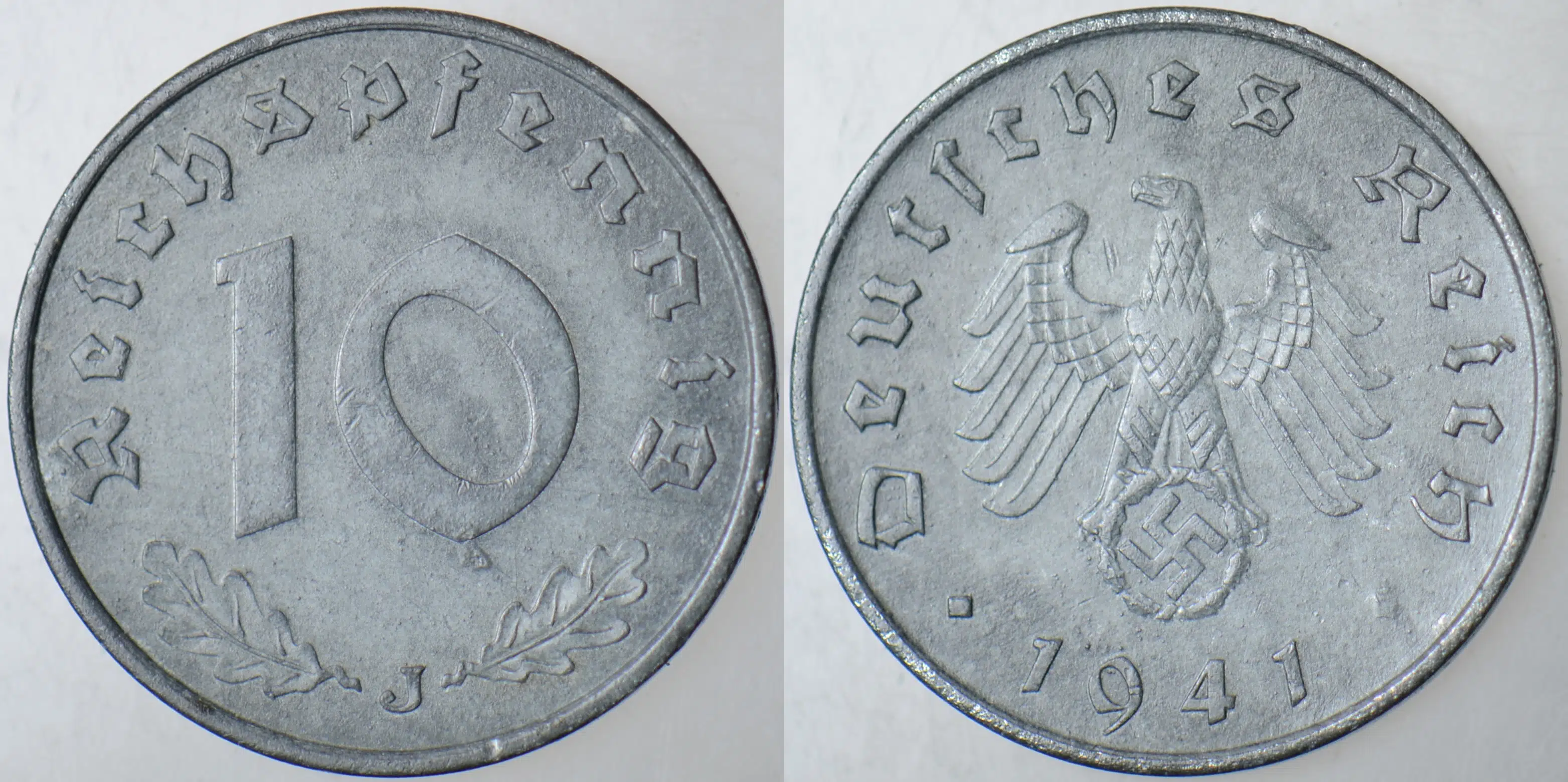 ALMANYA 10 PFENNİG 1941 J. İKİNCİ DÜNYA SAVAŞI NAZİ DÖNEMİ. GAMALI HAÇ. ÇİNKO.