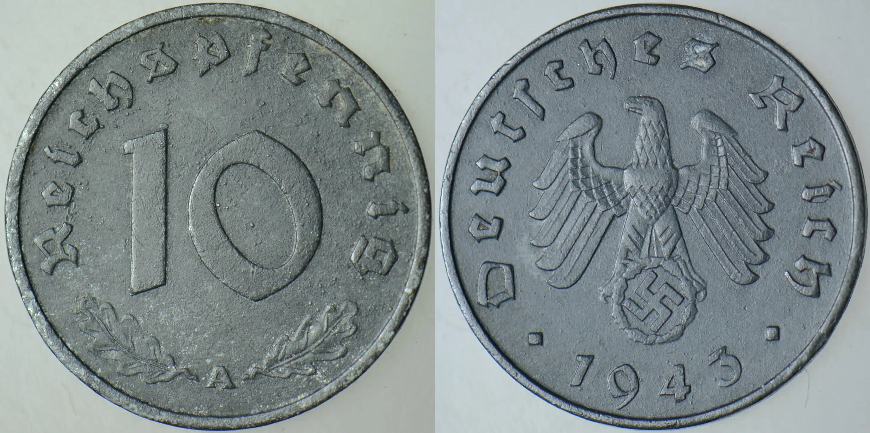 ALMANYA 10 PFENNİG 1943 A. İKİNCİ DÜNYA SAVAŞI NAZİ DÖNEMİ. GAMALI HAÇ. ÇİNKO.