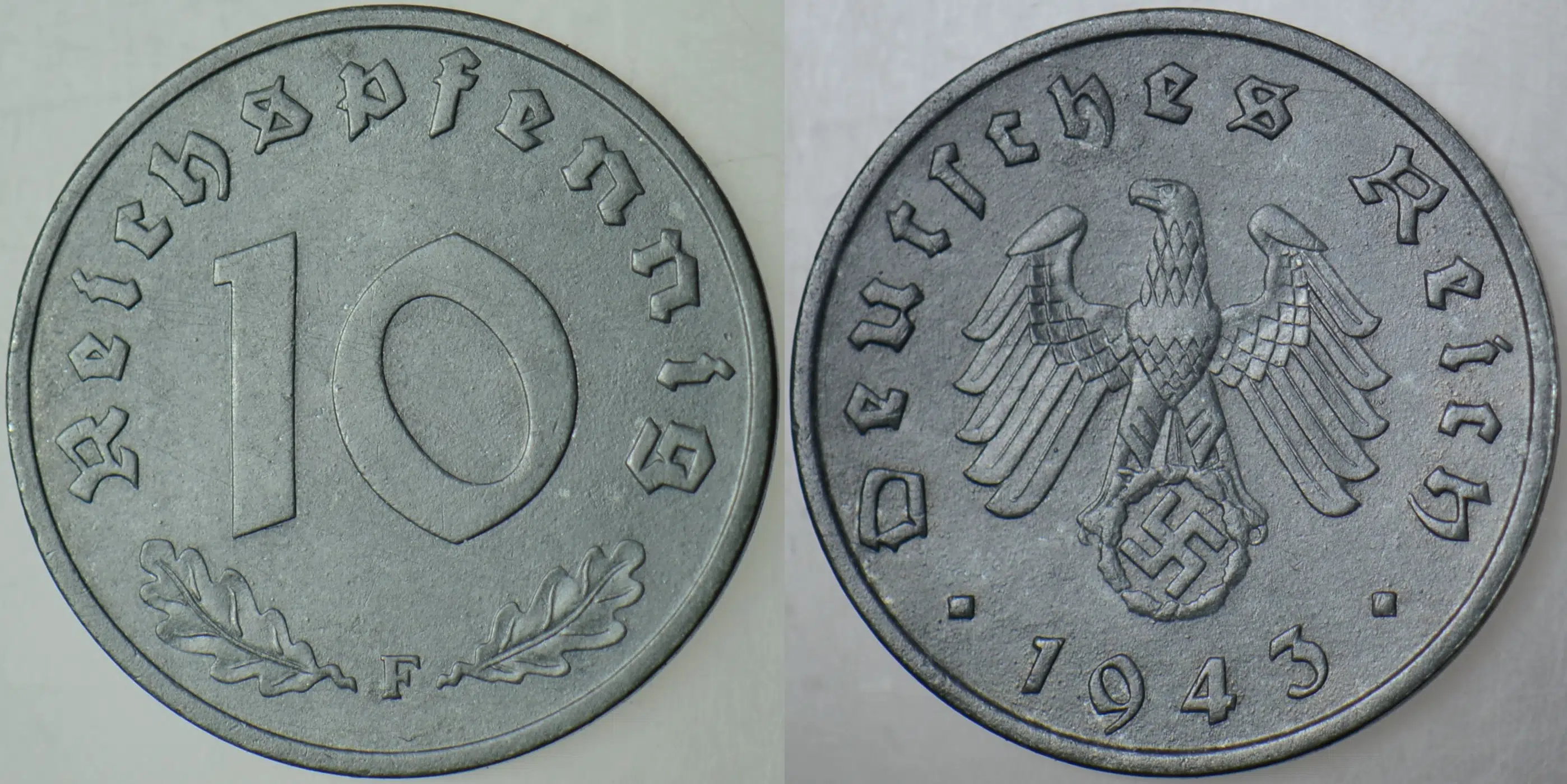 ALMANYA 10 PFENNİG 1943 F. İKİNCİ DÜNYA SAVAŞI NAZİ DÖNEMİ. GAMALI HAÇ. ÇİNKO.