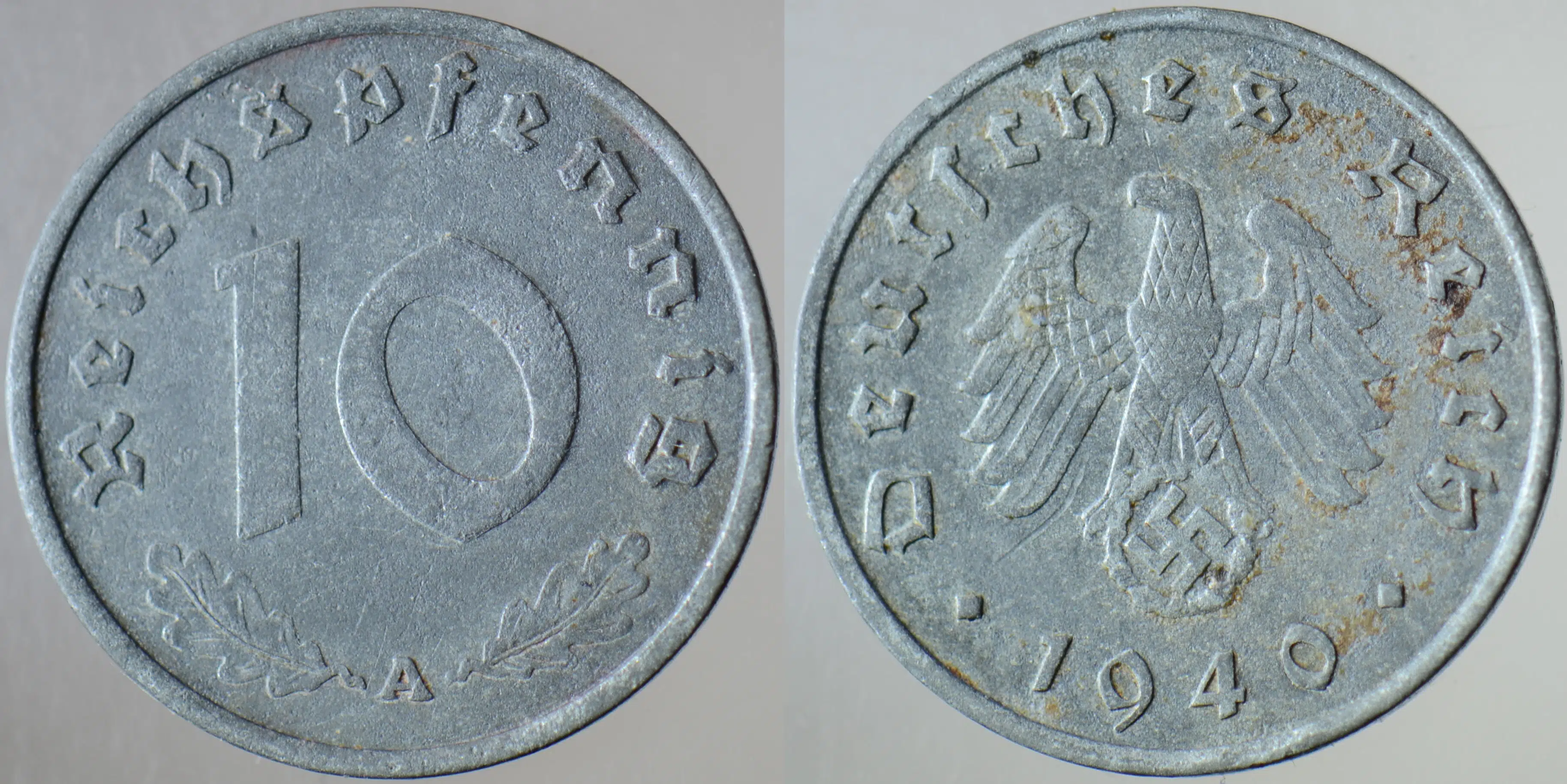 ALMANYA 10 PFENNİG 1944 A. İKİNCİ DÜNYA SAVAŞI NAZİ DÖNEMİ. GAMALI HAÇ. ÇİNKO.