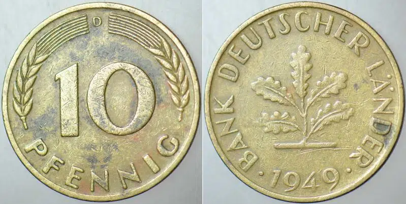 ALMANYA 10 PFENNIG 1949 D=MÜNİH DARBI. BANK DEUTSCHER LANDER. AZ ÇIKAR.