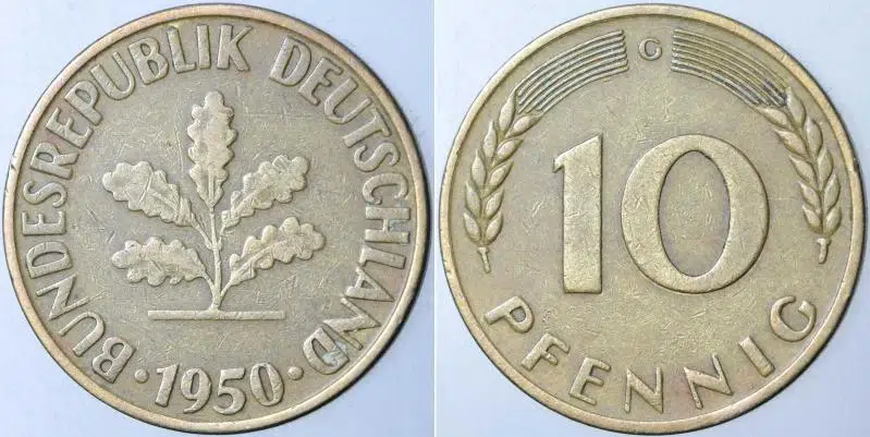 ALMANYA 10 PFENNIG 1950 G=KARLSRUHE DARBI.