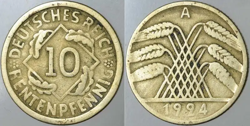 ALMANYA 10 RENTENPFENNIG 1924 A HARFİ=BERLİN DARBI. WEIMAR CUMHURİYETİ DÖNEMİ