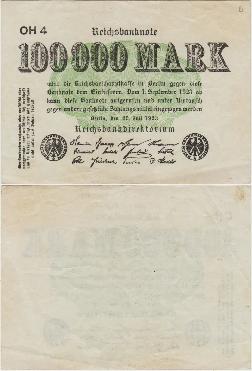 ALMANYA 100.000 MARK 1923 WEİMAR CUMHURİYETİ DÖNEMİ. BEYAZ KAĞIT AZ ÇIKAR. ÇÇT.