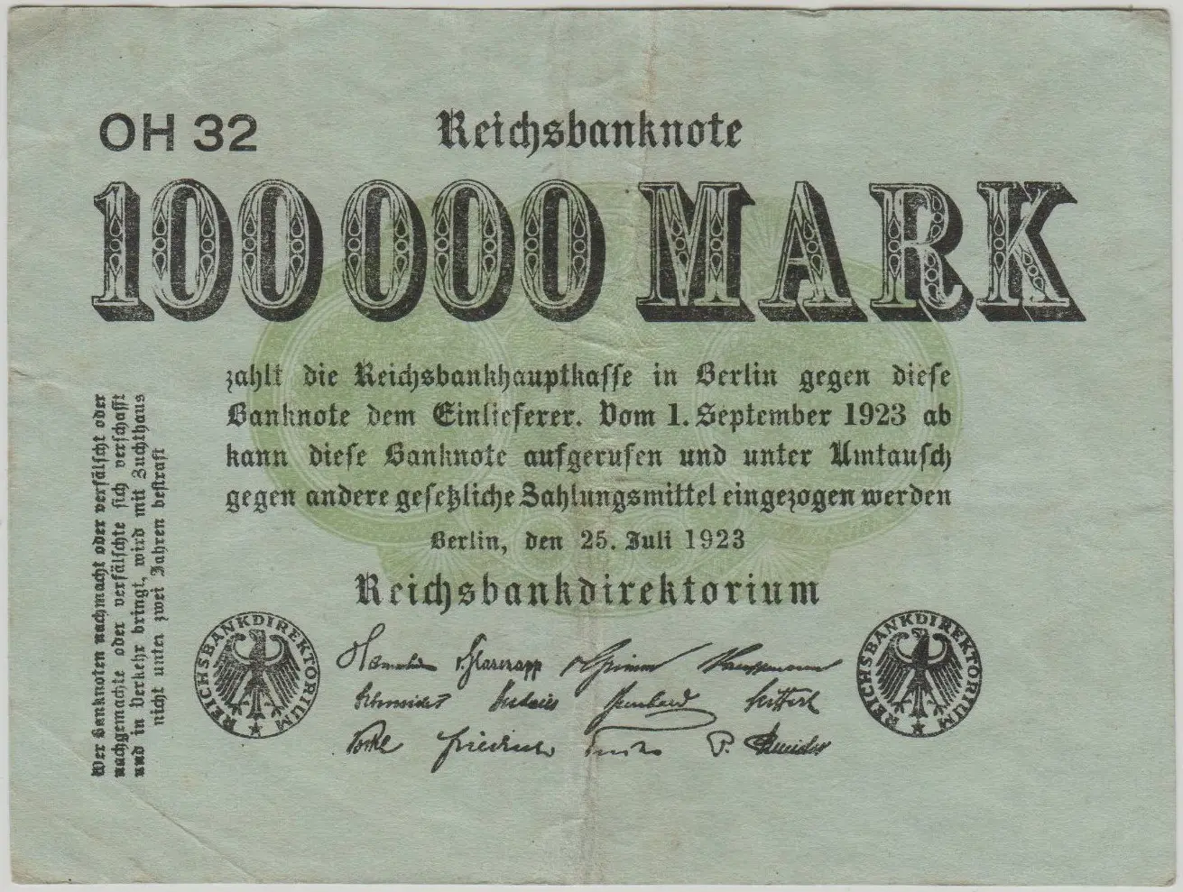 ALMANYA 100.000 MARK 1923 WEİMAR CUMHURİYETİ DÖNEMİ. YEŞİL KAĞIT. ÇÇT(-)