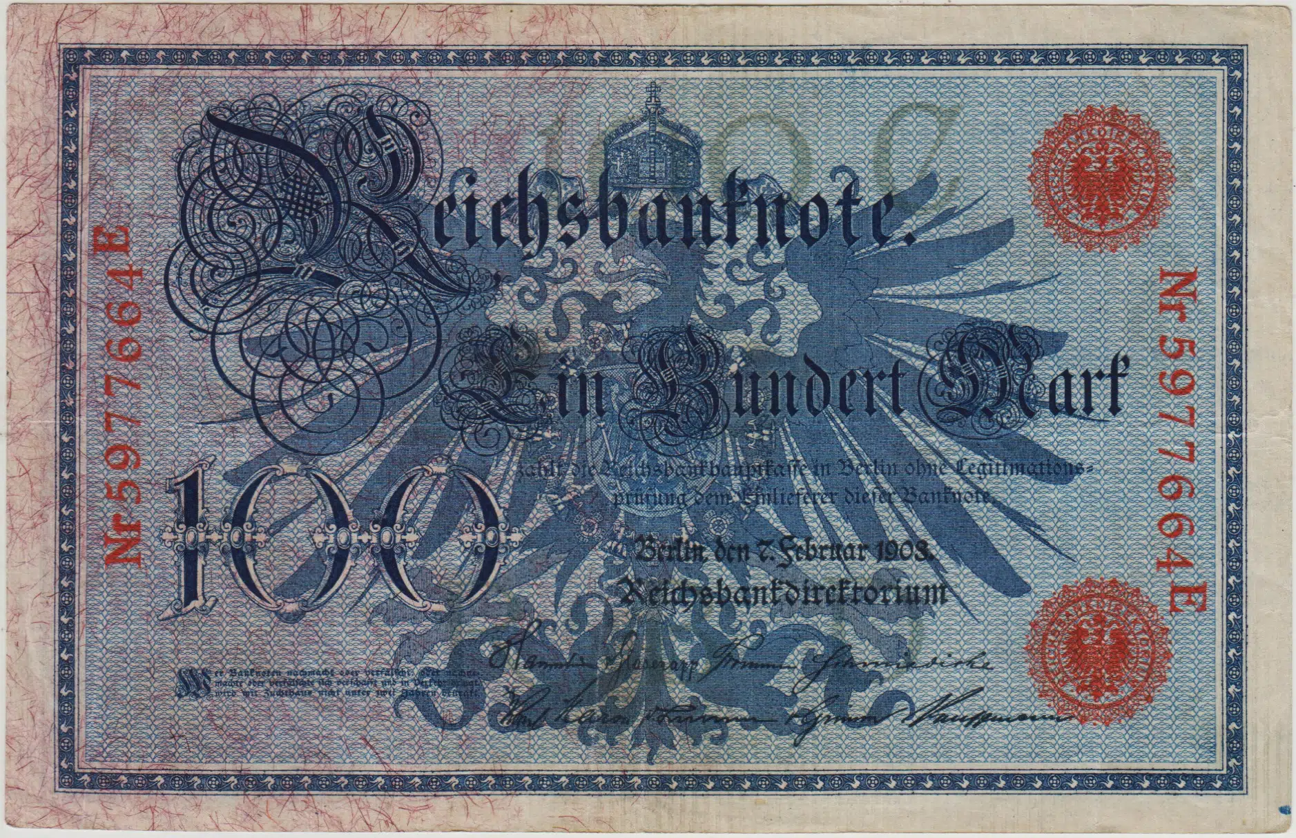 ALMANYA 100 MARK 1908 KIRMIZI MÜHÜR. ÇOK ÇOK TEMİZ(-)