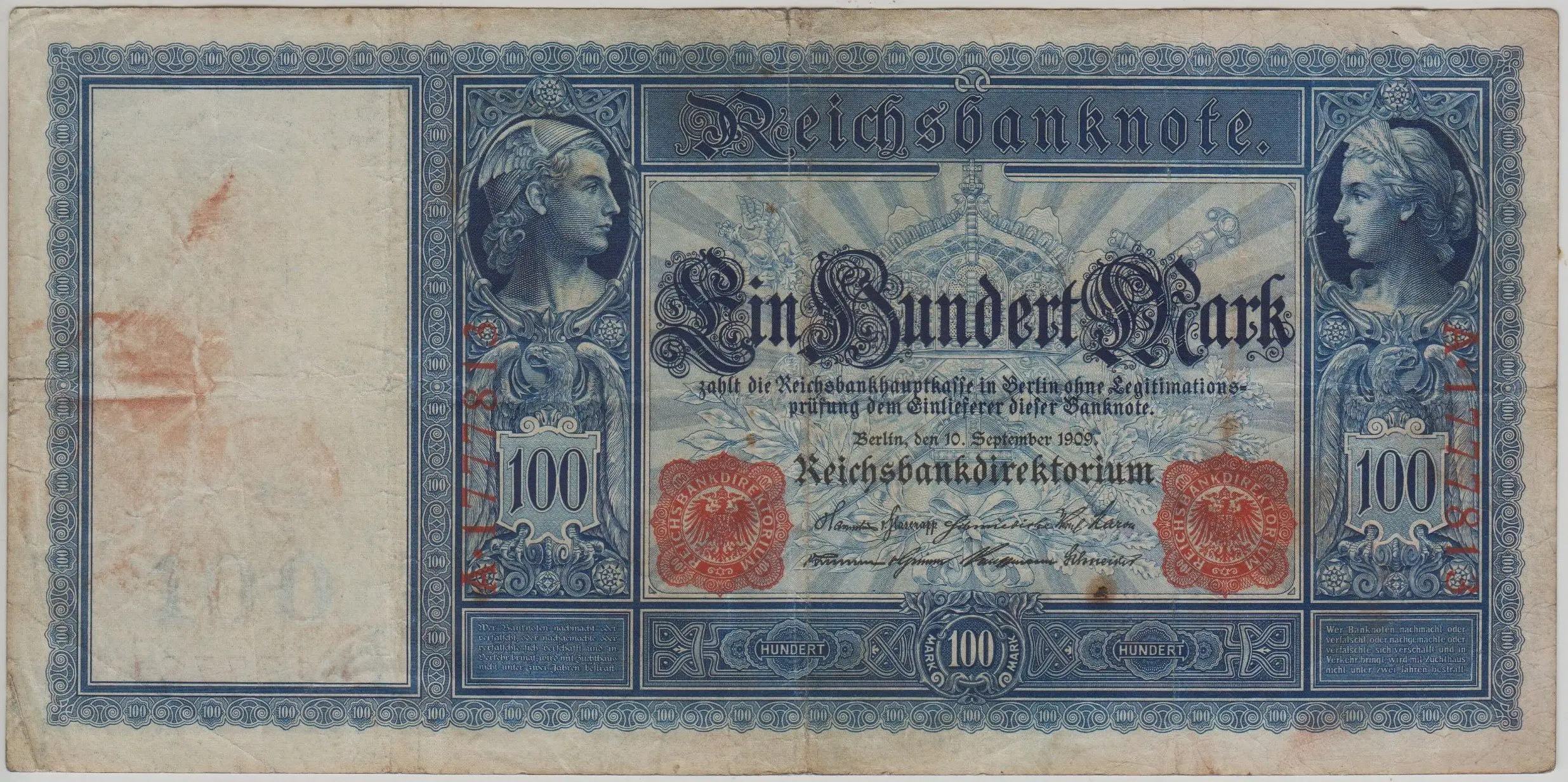 ALMANYA 100 MARK 1909 KIRMIZI MÜHÜR. BÜYÜK BOY. ÇÇT(-)