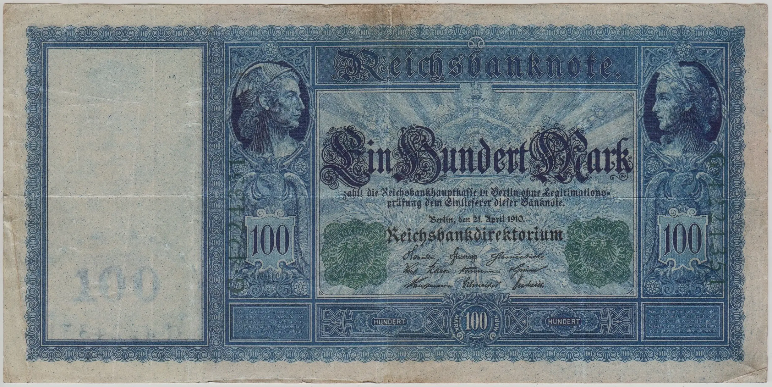 ALMANYA 100 MARK 1910 YEŞİL MÜHÜR. BÜYÜK BOY. ÇOK TEMİZ.