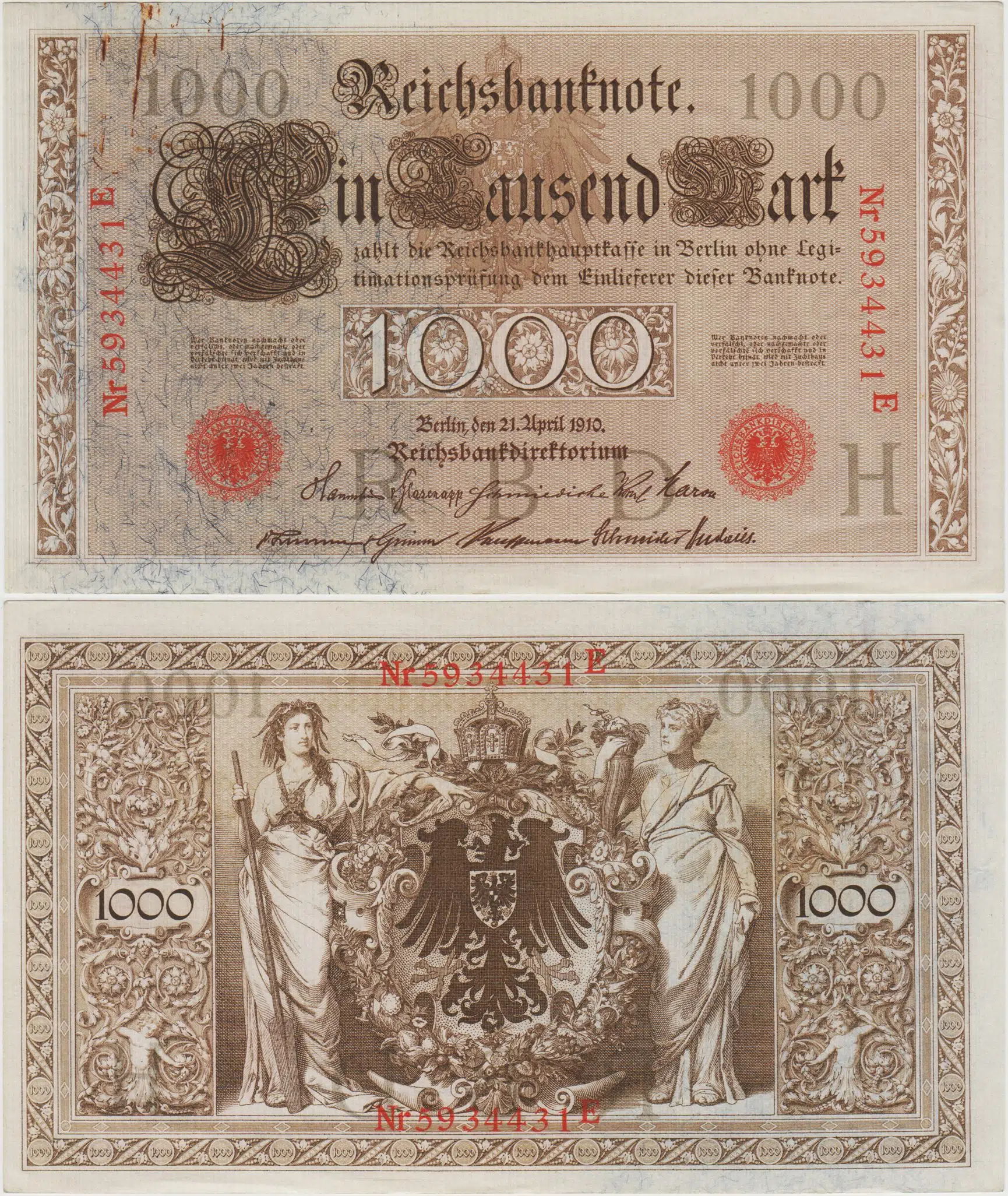 ALMANYA 1000 MARK 1910 II. WILHELM DÖNEMİ. KÖŞEDE ATAÇ İZLİ ÇİL(-)