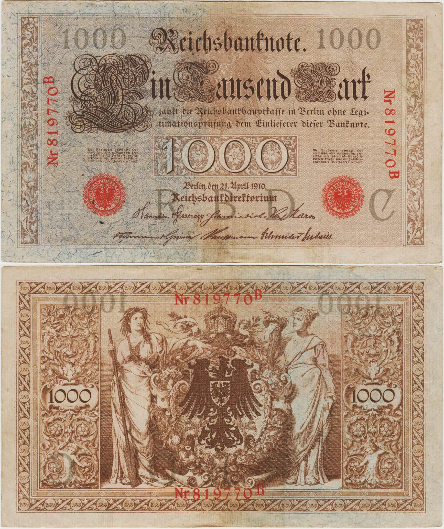 ALMANYA 1000 MARK 1910 SERİ NUMARASI 6 HANELİ-NADİR. ÇOK ÇOK TEMİZ++