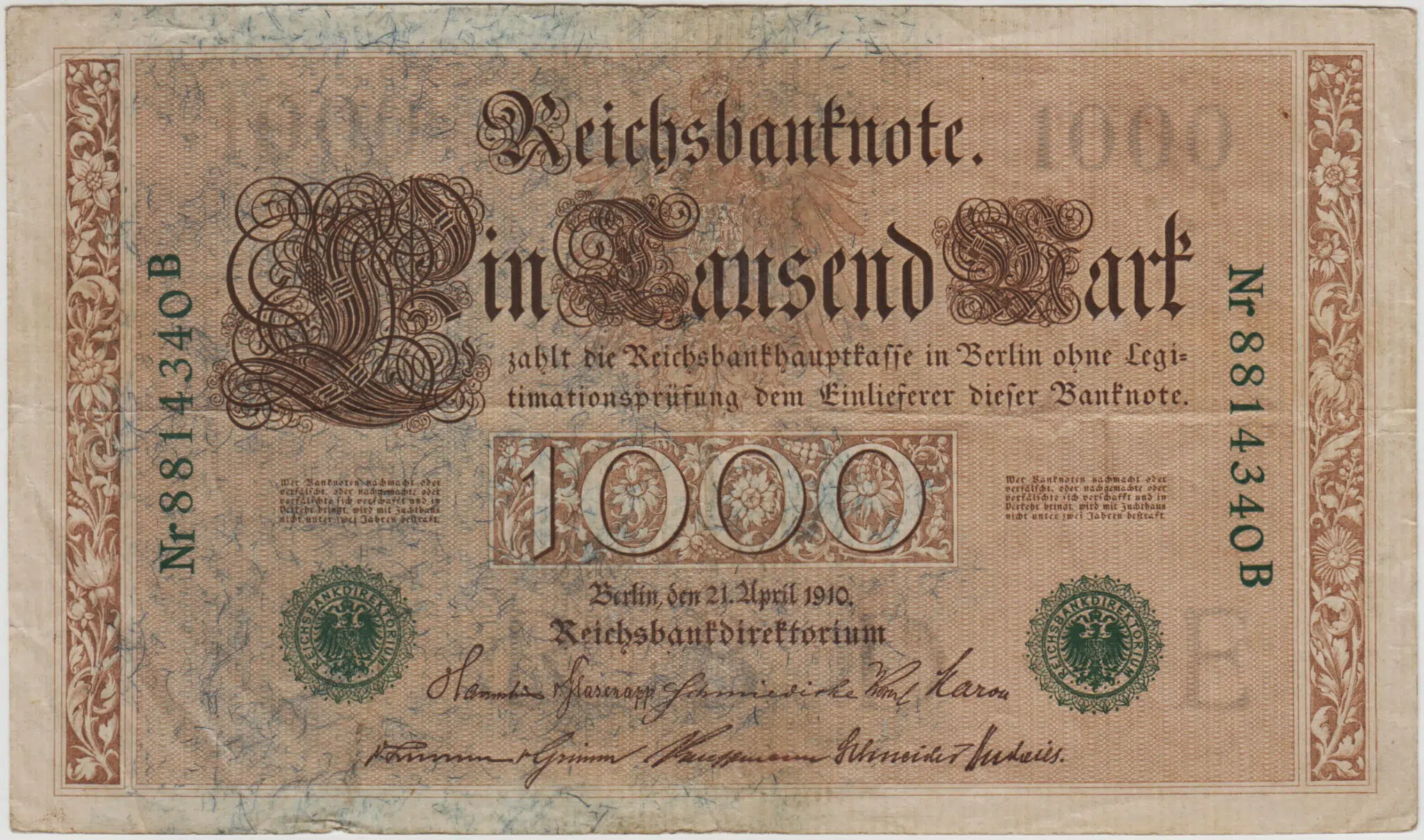 ALMANYA 1000 MARK 1910 YEŞİL MÜHÜR. II. WILHELM DÖNEMİ. ÇOK ÇOK TEMİZ(-)