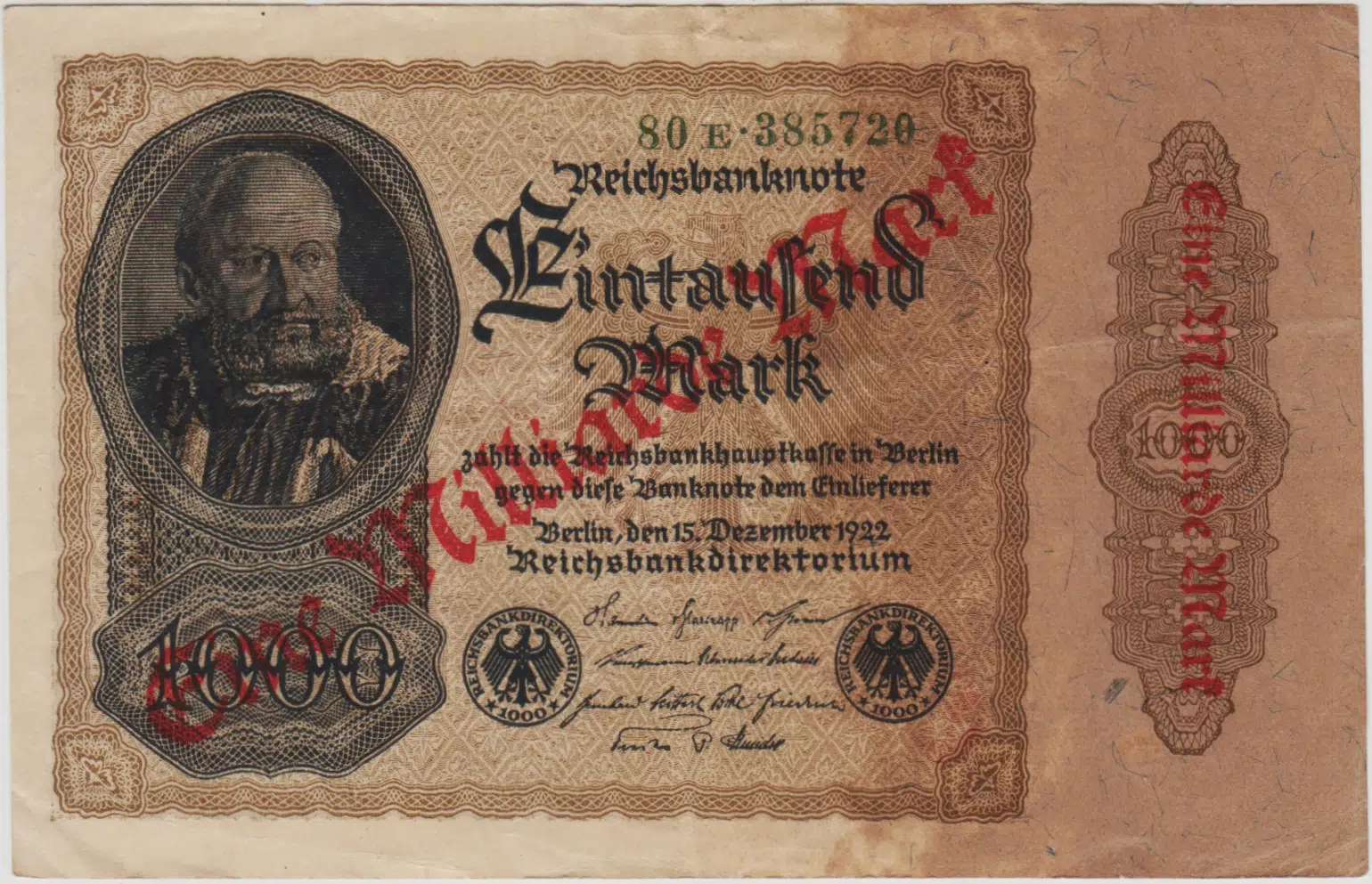 ALMANYA 1000 MARK 1922 ÜZERİNE 1 MİLYAR MARK SÜRŞARJ 1922 WEIMAR CUMHURİYETİ DÖNEMİ. ÇOK ÇOK TEMİZ.