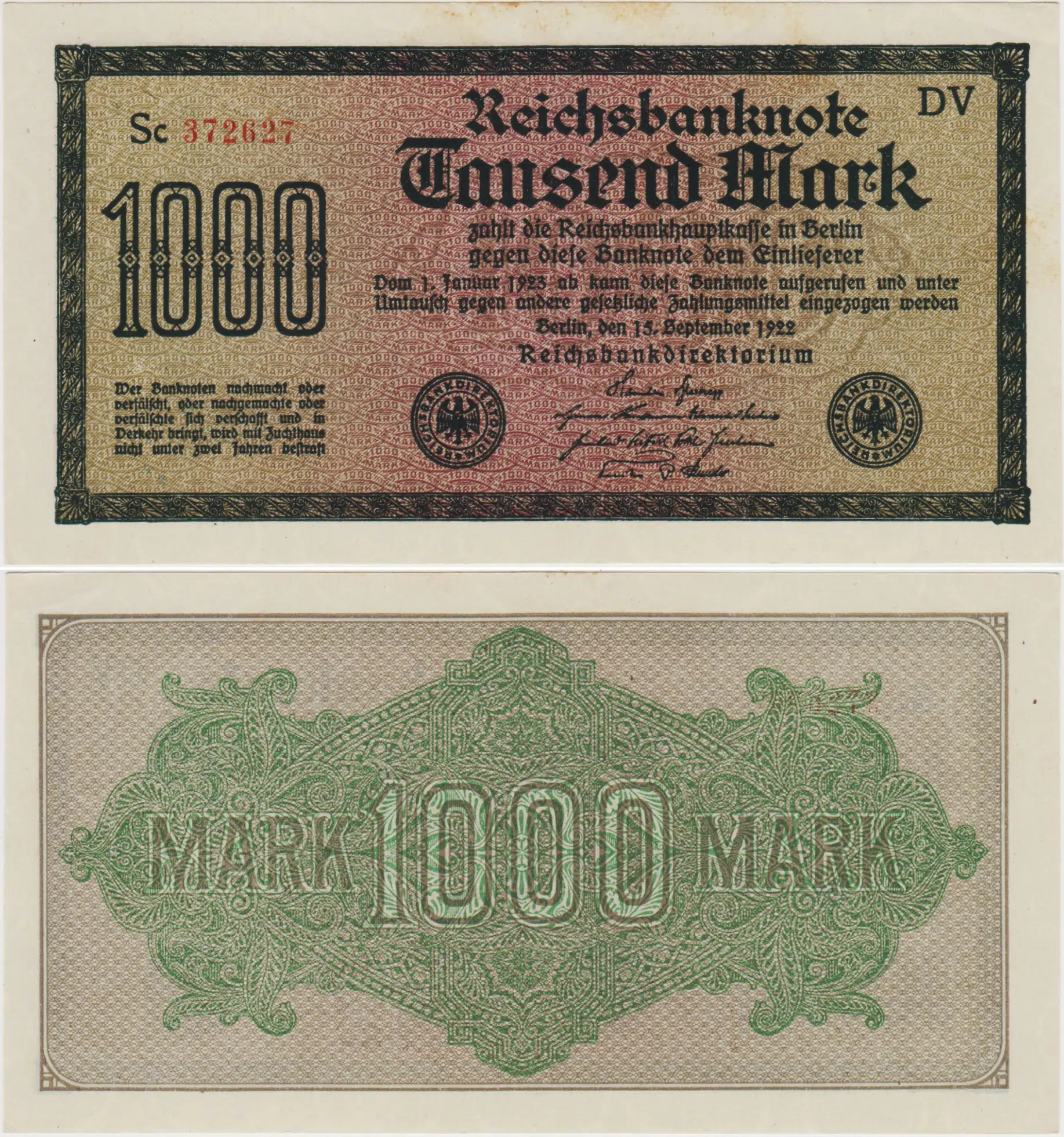 ALMANYA 1000 MARK 1922 WEİMAR CUMHURİYETİ DÖNEMİ. ÇİL(-) KONDİSYON.