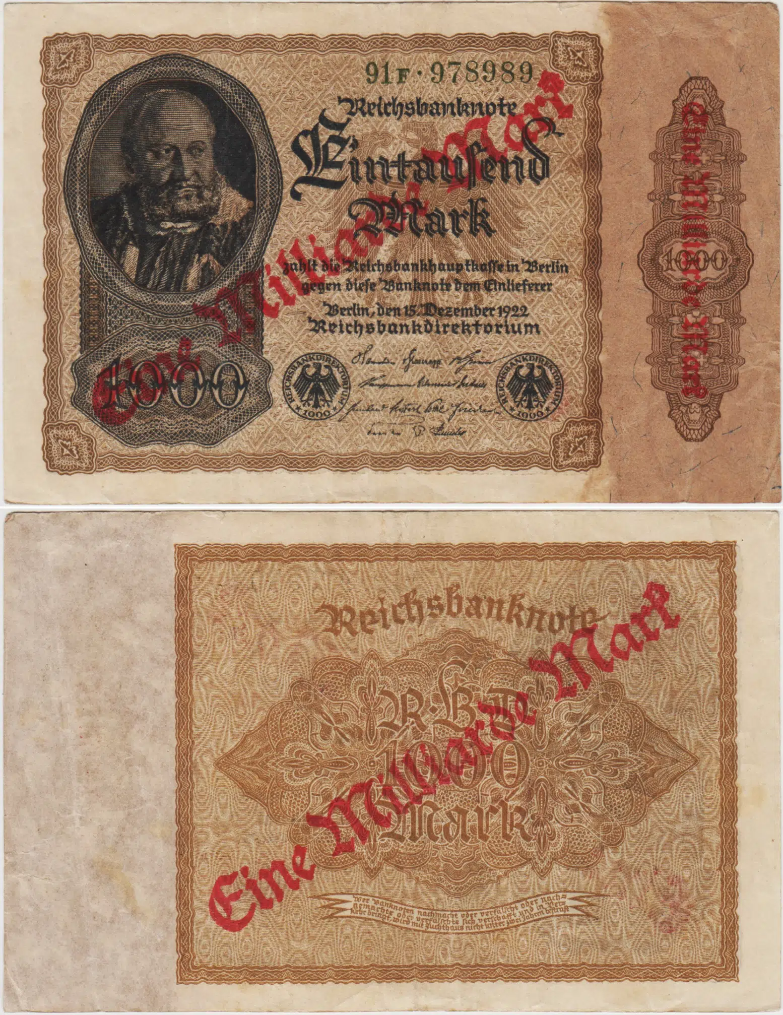 ALMANYA 1000 MARK ÜZERİNE 1 MİLYAR MARK SÜRŞARJLI 1922 WEIMAR CUMHURİYETİ DÖNEMİ. 1923 - 1925 ARASI KULLANILMIŞTIR. ÇOK ÇOK TEMİZ KONDİSYON.