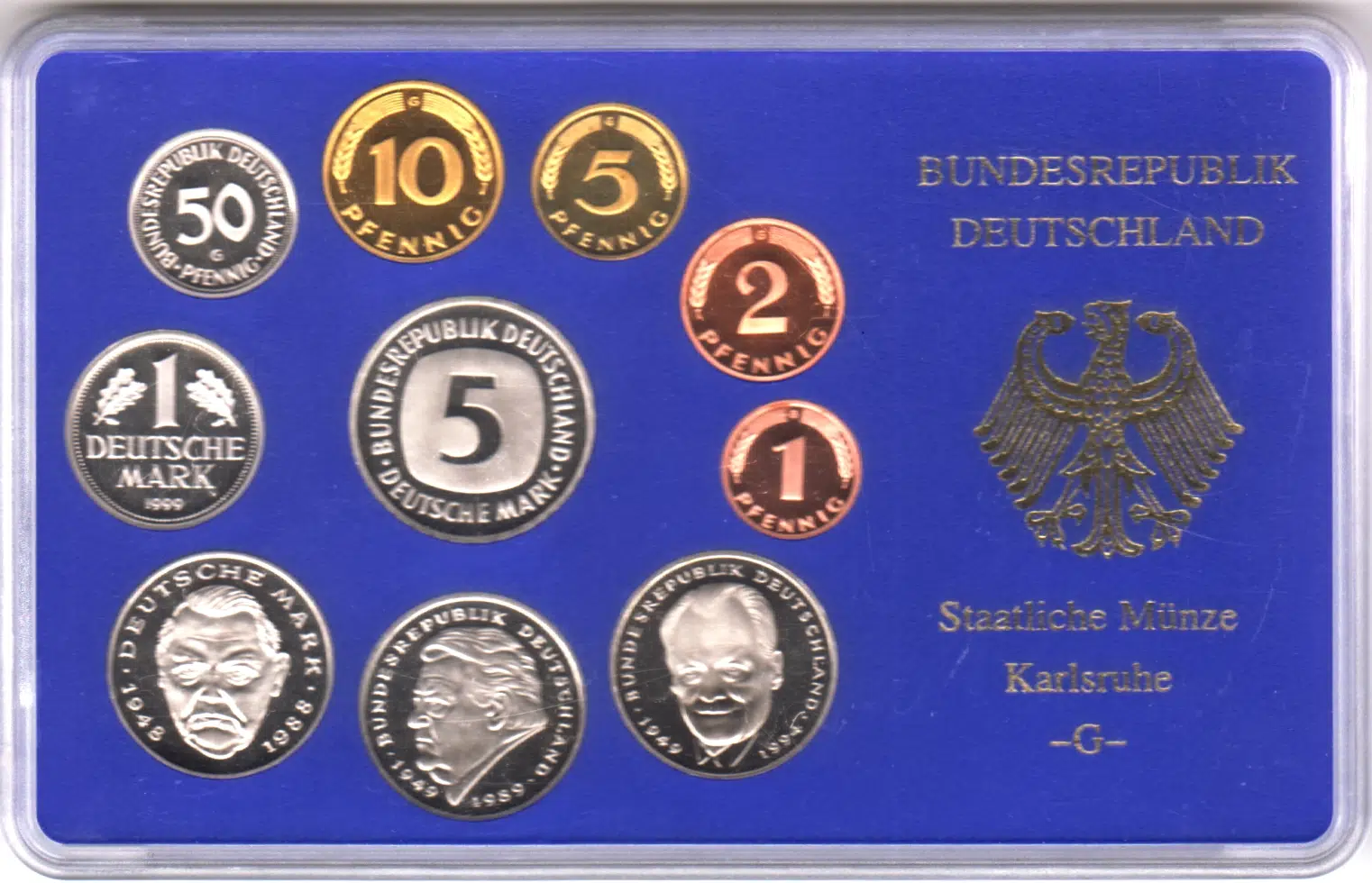 ALMANYA 1999 G DARPHANE SETİ 10 ADET PFENNIG VE MARK. ORİJİNAL KİTİNDE PROOF BASKI ÇİL. 45.000 BASKI.