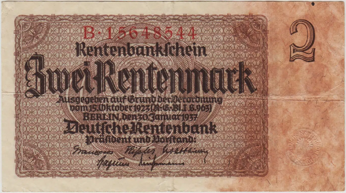 ALMANYA 2 RENTENMARK 1937 NAZİ DÖNEMİ. ÇOK TEMİZ.
