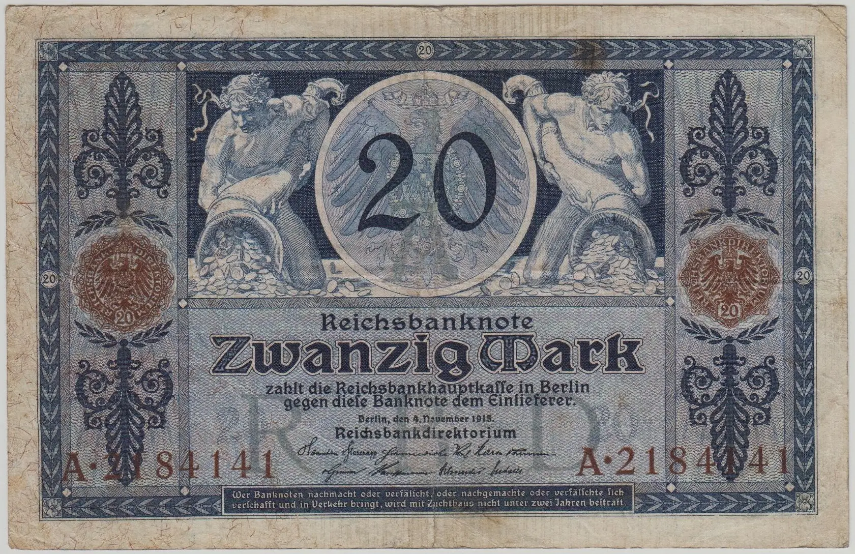 ALMANYA 20 MARK 1915 BİRİNCİ DÜNYA SAVAŞI - II. WİLHELM DÖNEMİ. ÇOK TEMİZ.