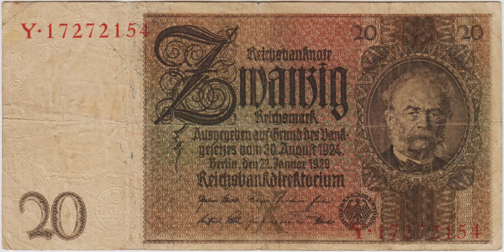 ALMANYA 20 MARK 1929 NAZİ DÖNEMİ 1931-48 ARASI KULLANILMIŞTIR. ÇOK TEMİZ(-)