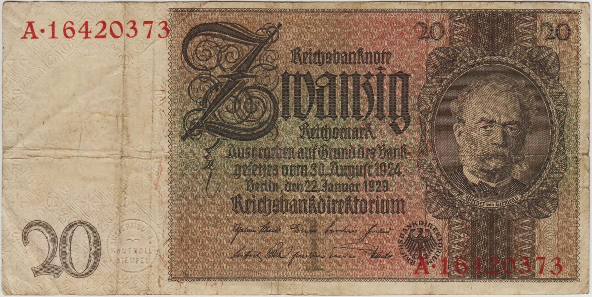 ALMANYA 20 MARK 1929 NAZİ DÖNEMİ 1931-48 ARASI KULLANILMIŞTIR. ÇOK TEMİZ(-)