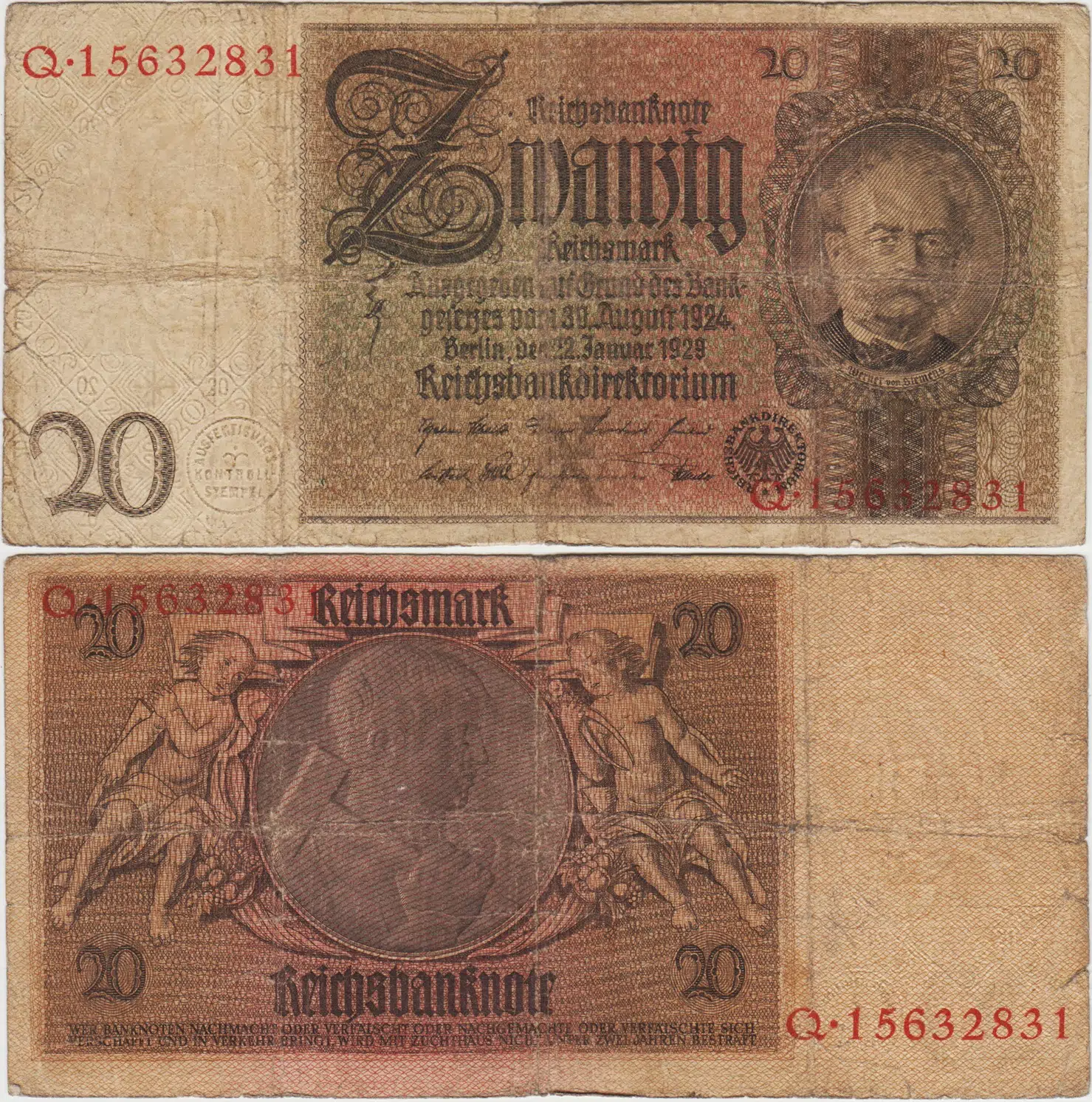 ALMANYA 20 MARK 1929 NAZİ DÖNEMİ. 1931-48 ARASI KULLANILMIŞTIR. TEMİZ.