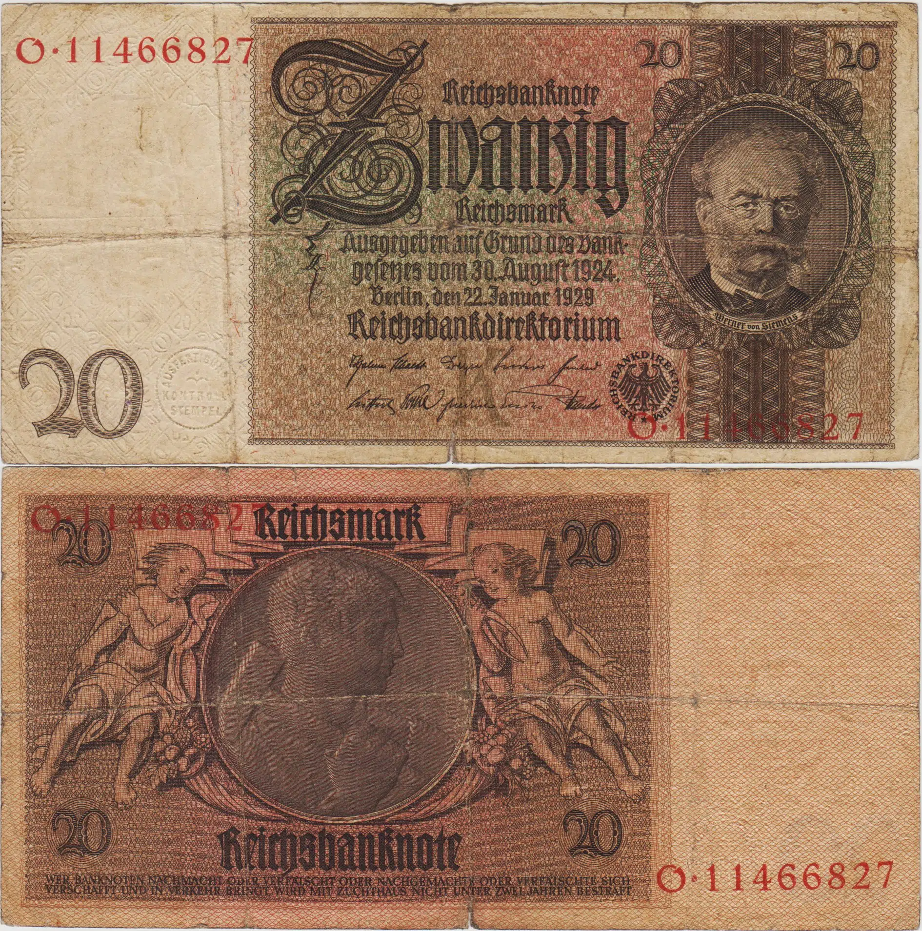 ALMANYA 20 MARK 1929 NAZİ DÖNEMİ. 1931-48 ARASI KULLANILMIŞTIR. TEMİZ.