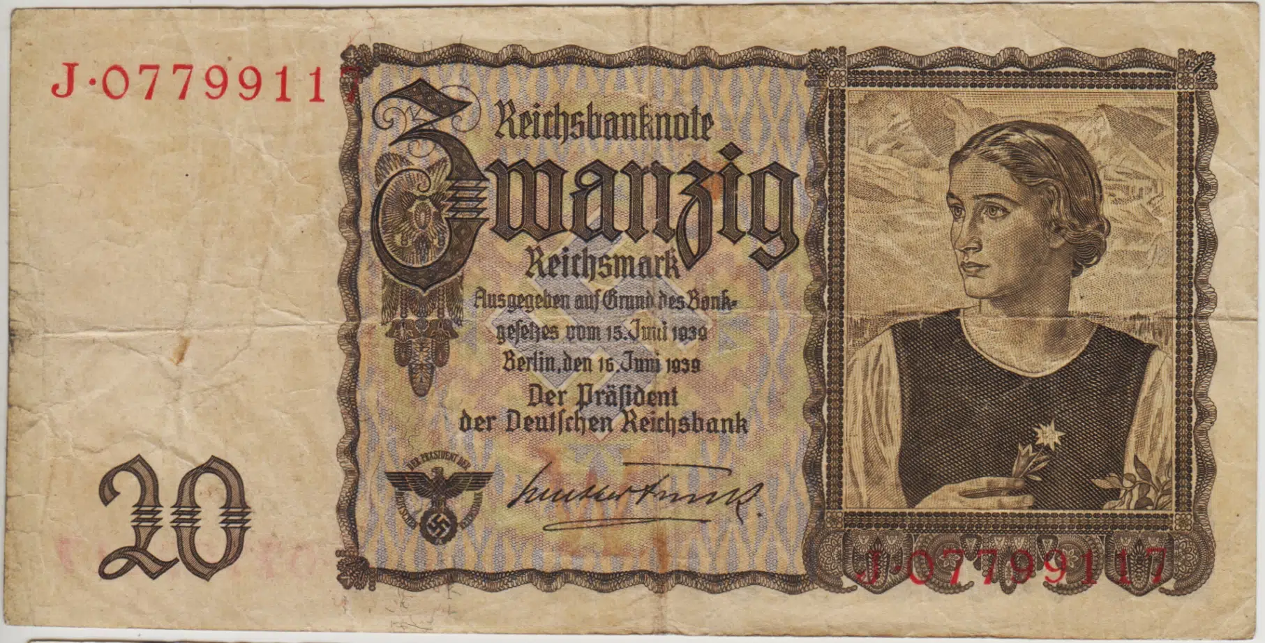 ALMANYA 20 MARK 1939 NAZİ DÖNEMİ. ÇOK TEMİZ(-)