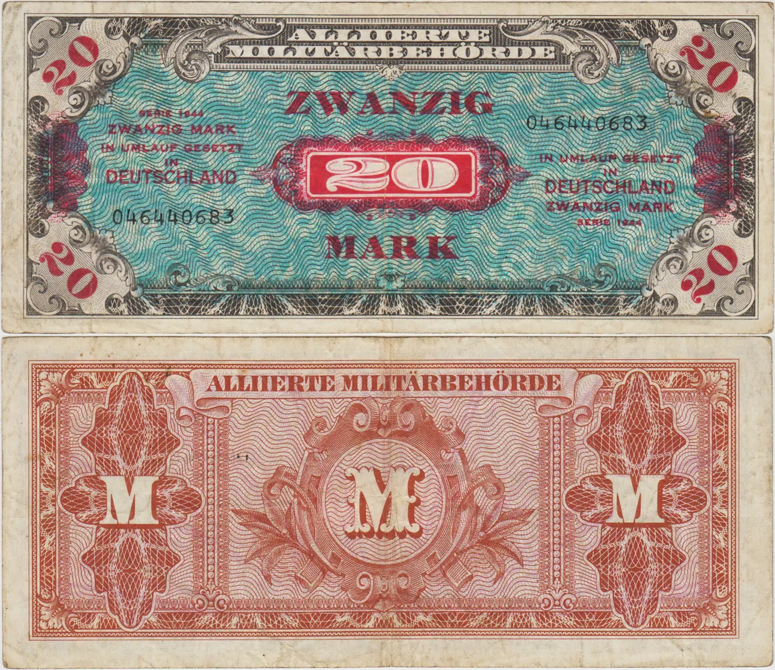 ALMANYA 20 MARK 1944 II. DÜNYA SAVAŞI İŞGAL KUVVETLERİ-AMERİKA TARAFINDAN BASILMIŞTIR. ÇOK TEMİZ+