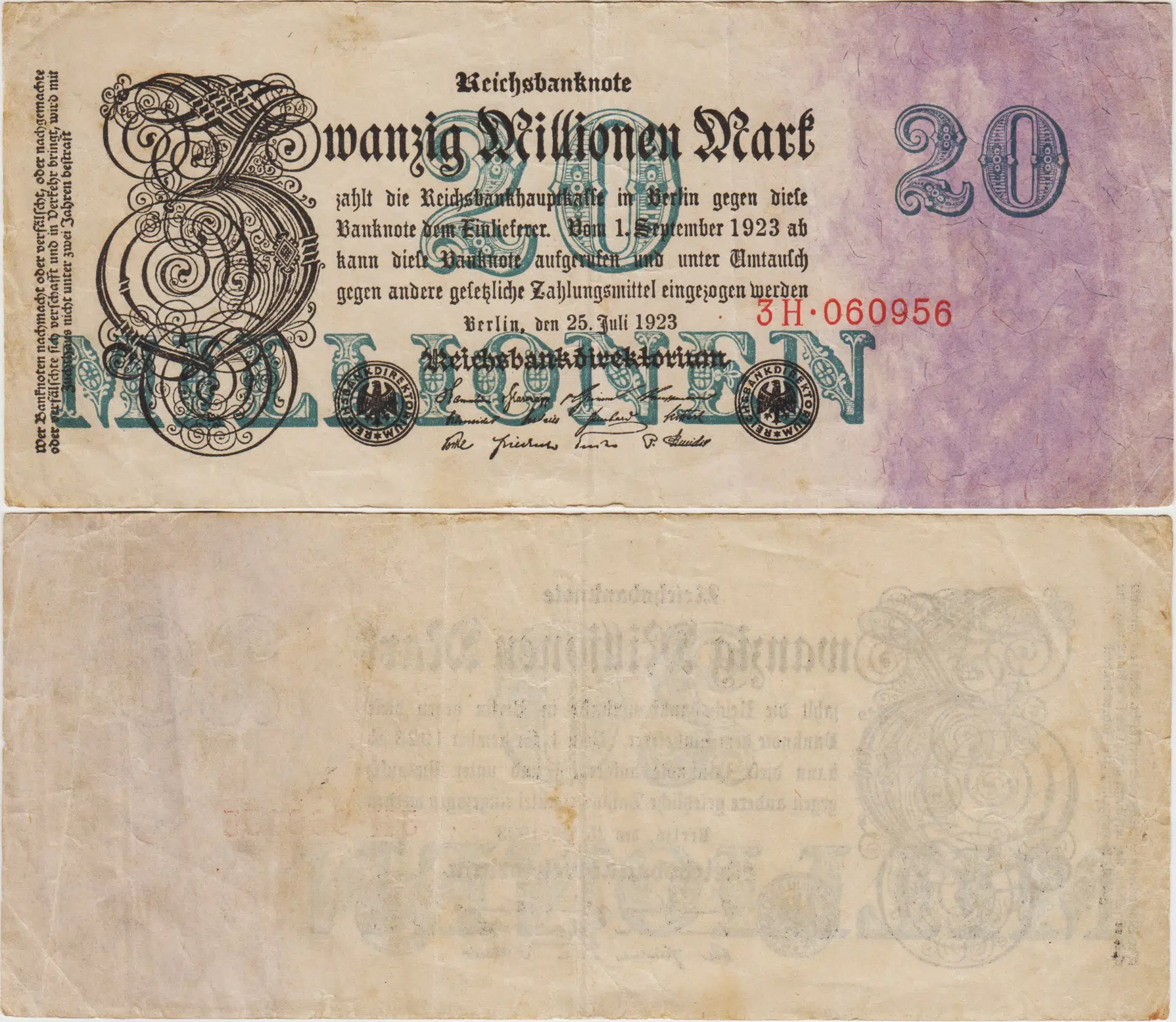 ALMANYA 20 MİLYON MARK 1923 WEİMAR CUMHURİYETİ DÖNEMİ. ÇOK TEMİZ.