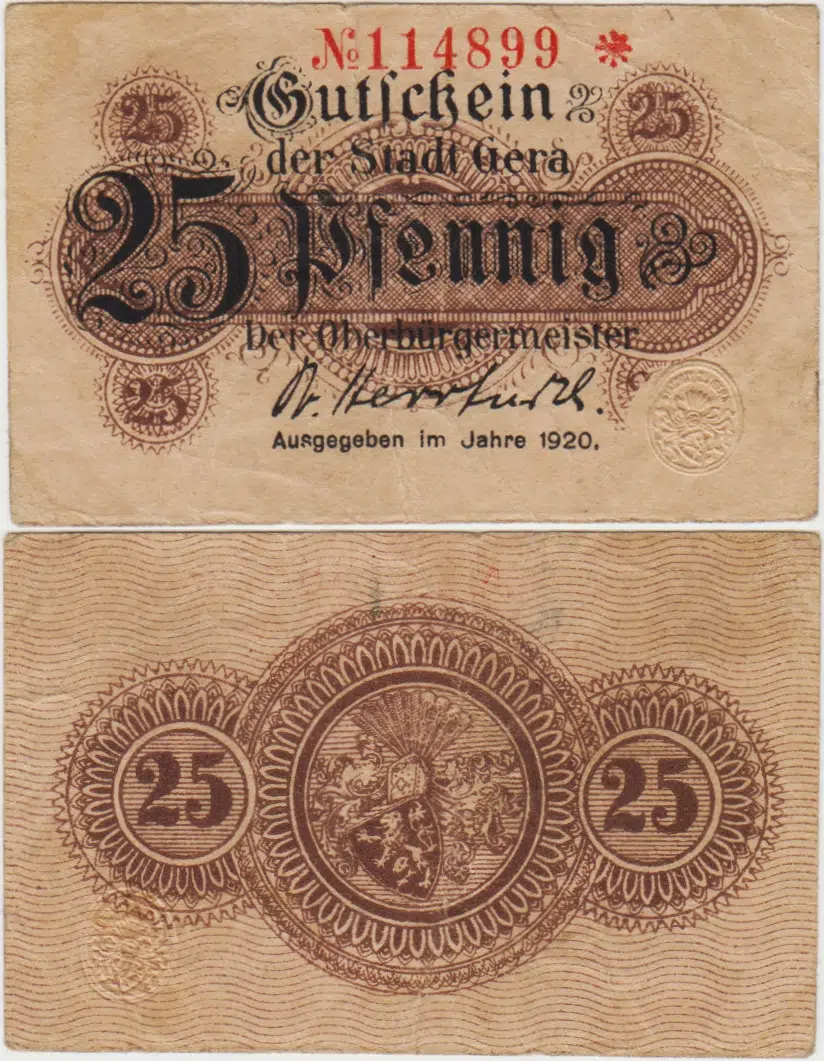 ALMANYA 25 PFENNİG 1920 NOTGELD-GERA ŞEHRİ. ÇÇT