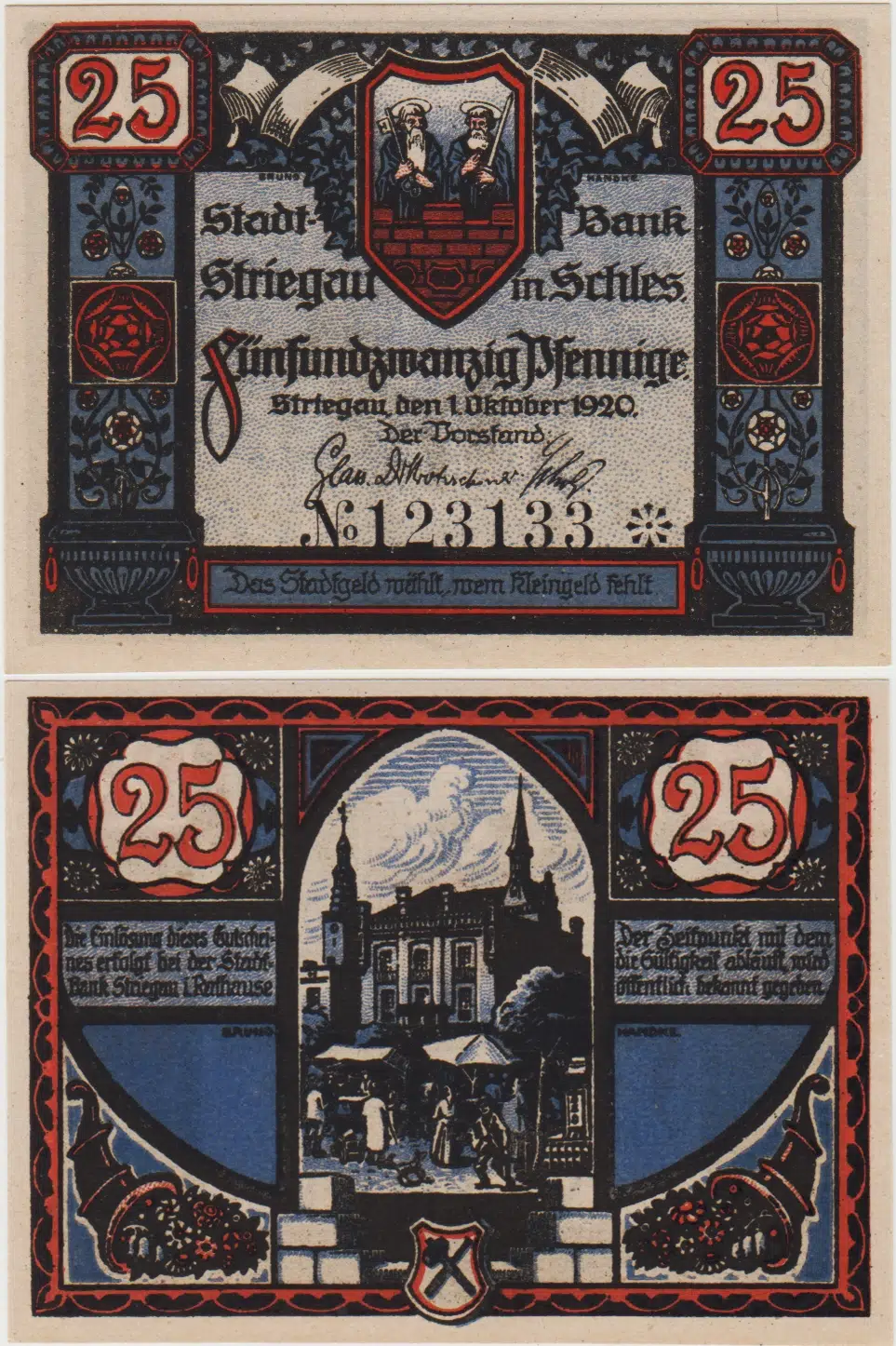 ALMANYA 25 PFENNİG 1920 NOTGELD-STRİEGAU ŞEHRİ. ÇİL