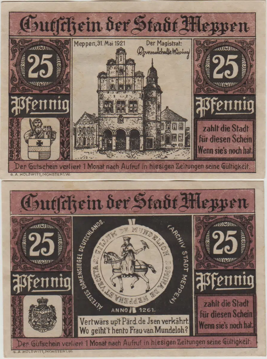 ALMANYA 25 PFENNİG 1921 NOTGELD-MEPPEN ŞEHRİ. ÇİL.