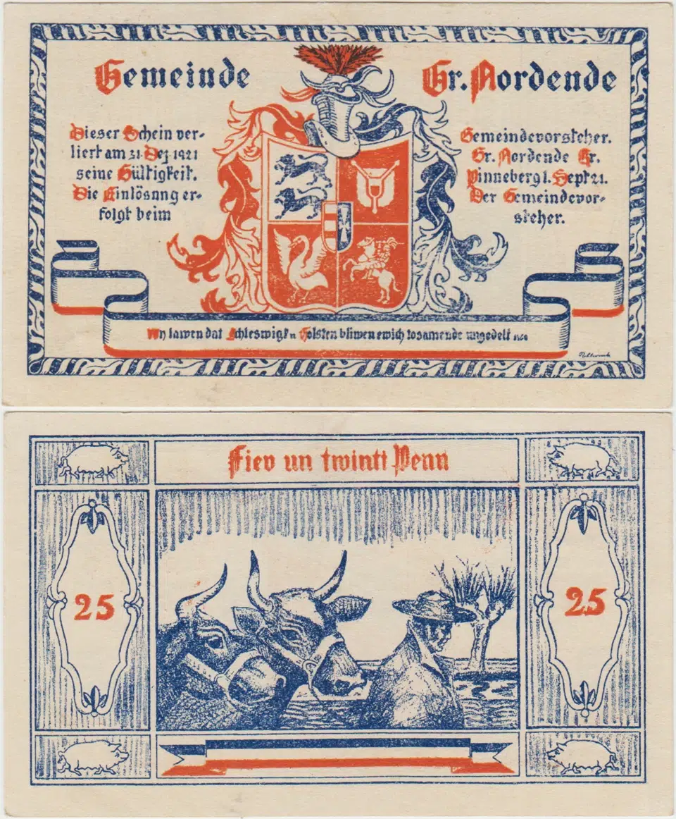 ALMANYA 25 PFENNİG 1921 NOTGELD-NORDENDE BELEDİYESİ. ÇİL.