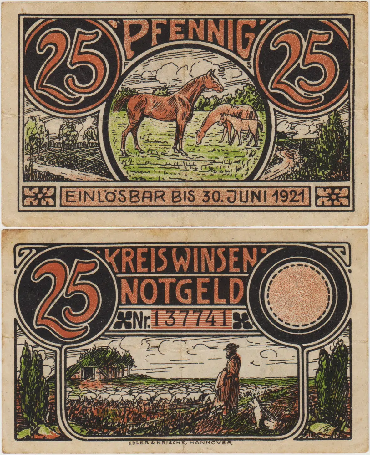 ALMANYA 25 PFENNİG 1921 NOTGELD-WİNSEN ŞEHRİ. ÇÇT