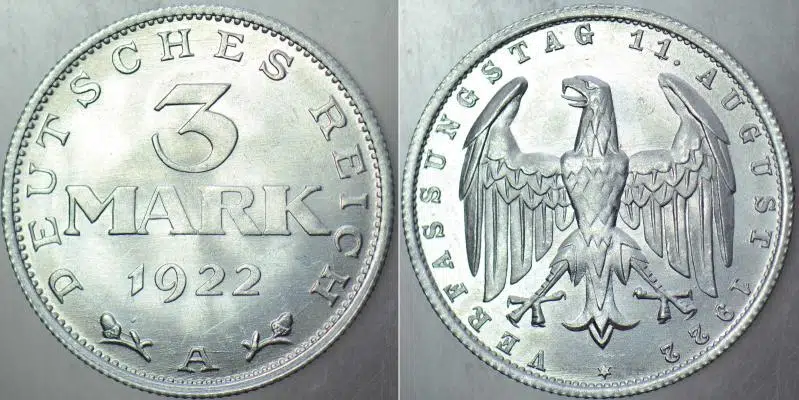 ALMANYA 3 MARK 1922 A. WEİMAR CUMHURİYETİ SİRKÜLASYON HATIRA-ANAYASANIN 3. YILI. 28 mm ÇİL 