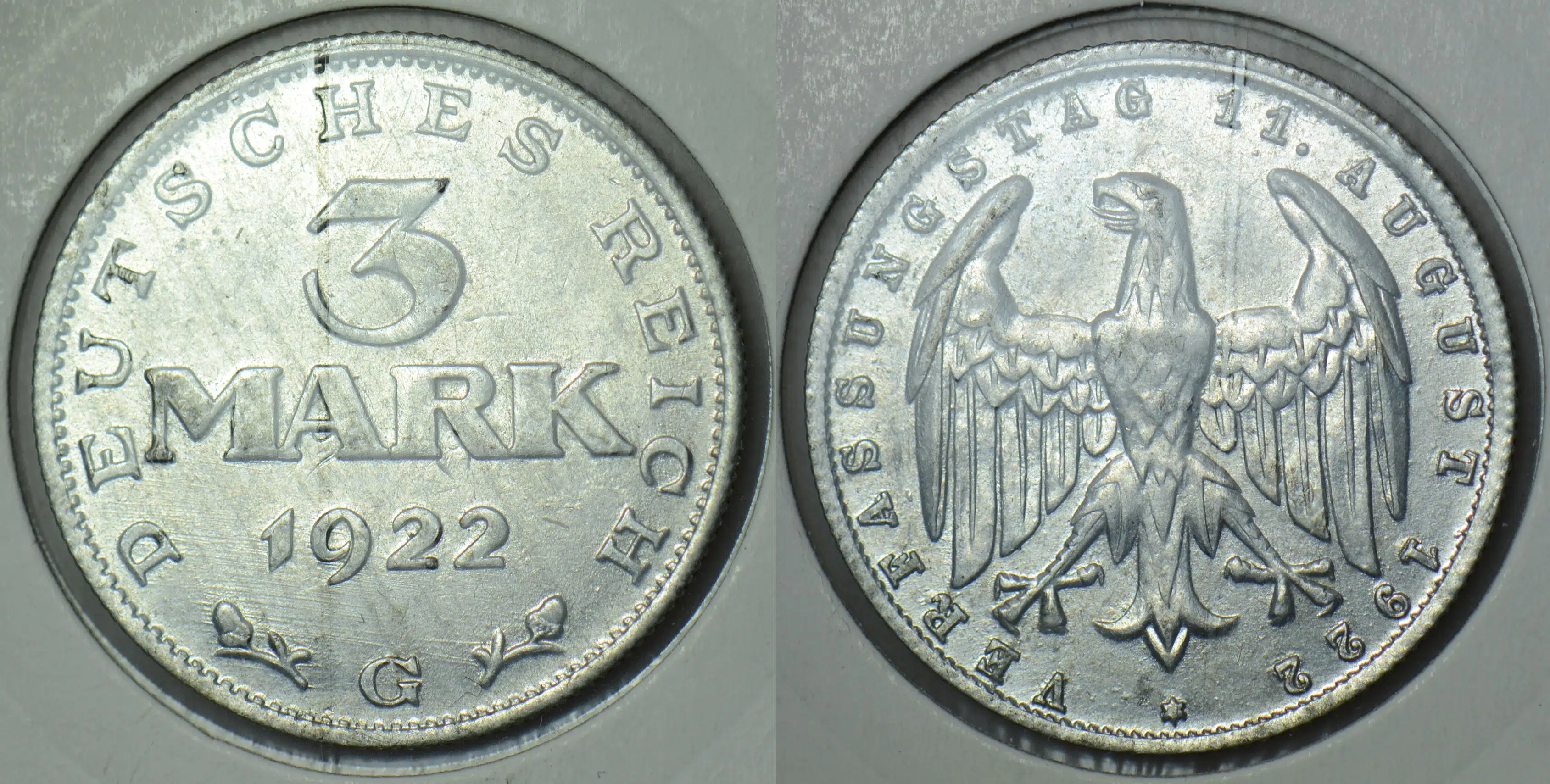 ALMANYA 3 MARK 1922 G. SİRKÜLASYON HATIRA-WEİMAR ANAYASASI 3. YILI. 28 mm KAPAMADA ÇİLALTI+