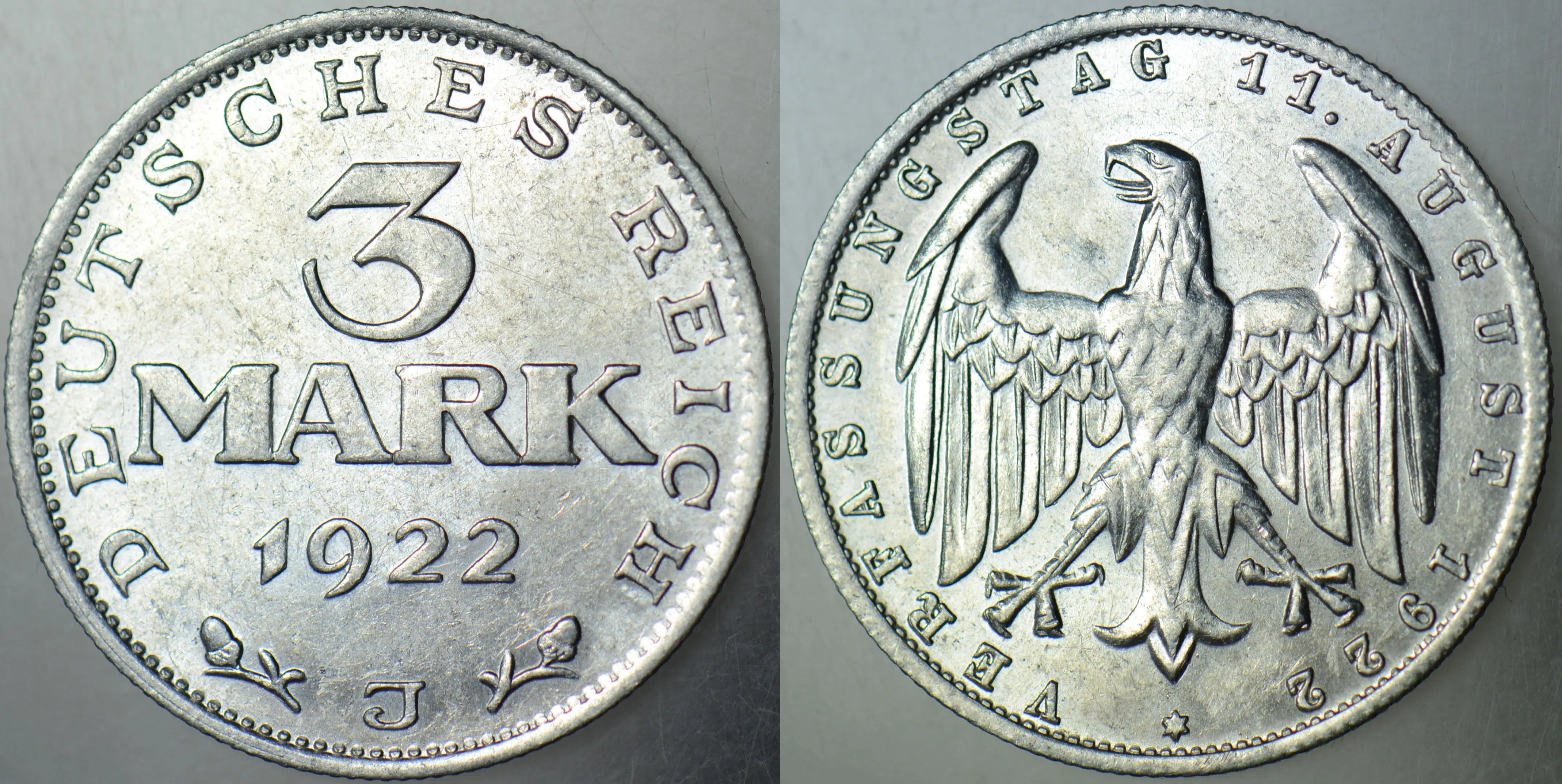 ALMANYA 3 MARK 1922 J. WEİMAR CUMHURİYETİ SİRKÜLASYON HATIRA-ANAYASANIN 3. YILI. 28 mm ÇİLALTI+