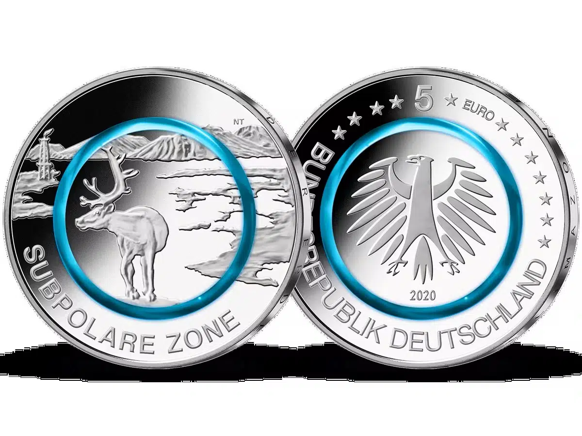 ALMANYA 5 EURO 2020 F HATIRA-SUBPOLAR ZONE-REN GEYİĞİ. ŞEFFAF MAVİ HALKALI. ÇİL.