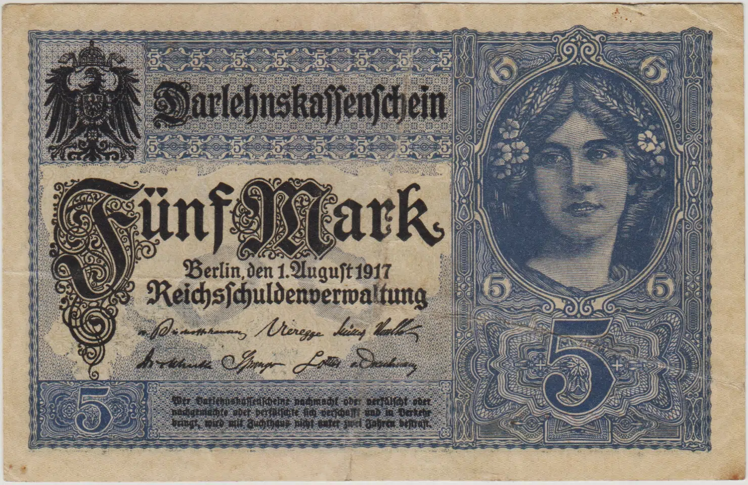ALMANYA 5 MARK 1917 BİRİNCİ DÜNYA SAVAŞI DÖNEMİ. ÇOK ÇOK TEMİZ.
