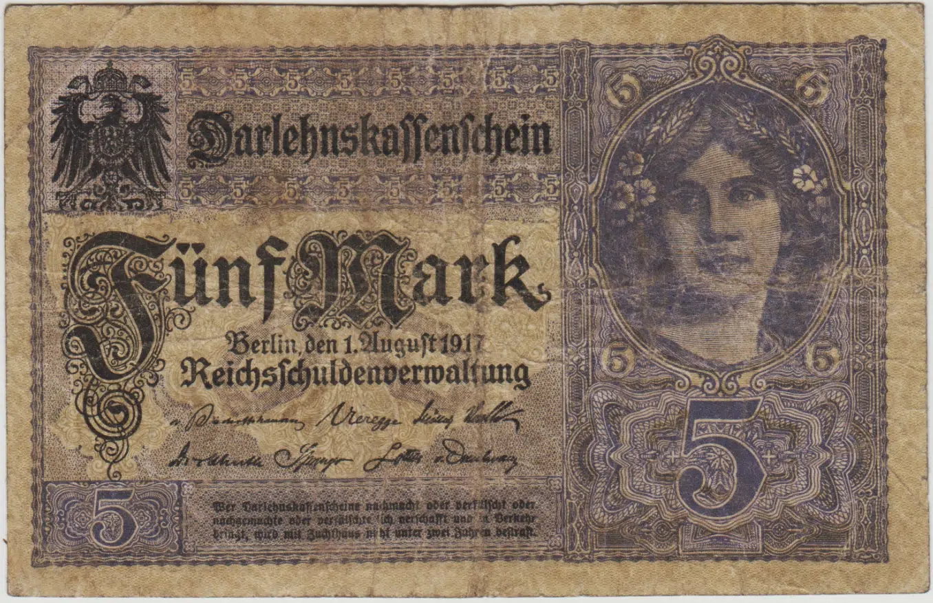 ALMANYA 5 MARK 1917 BİRİNCİ DÜNYA SAVAŞI DÖNEMİ. TEMİZ+