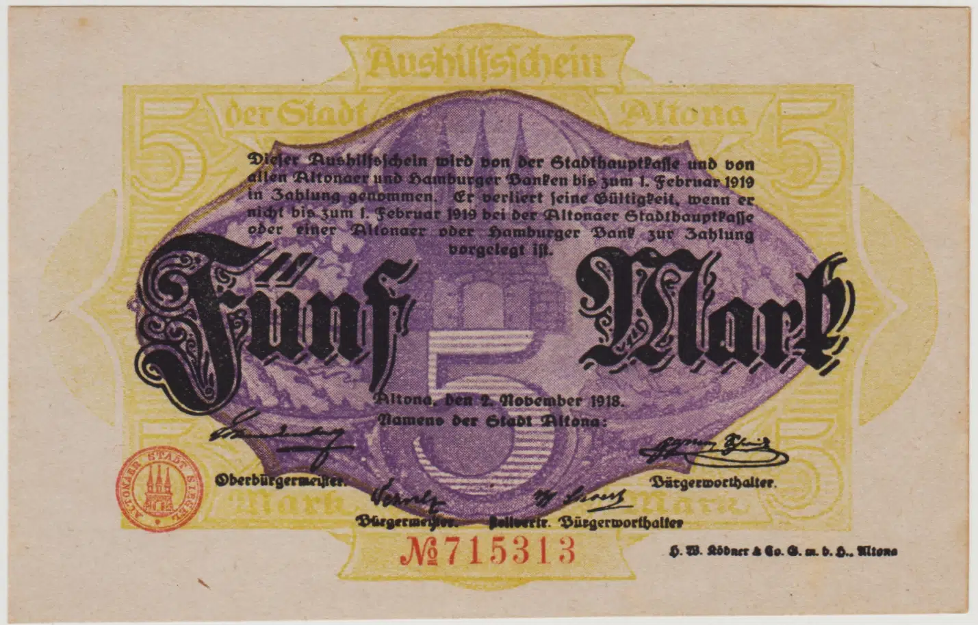 ALMANYA 5 MARK 1918 NOTGELD-ALTONA ŞEHRİ. ÇİL.