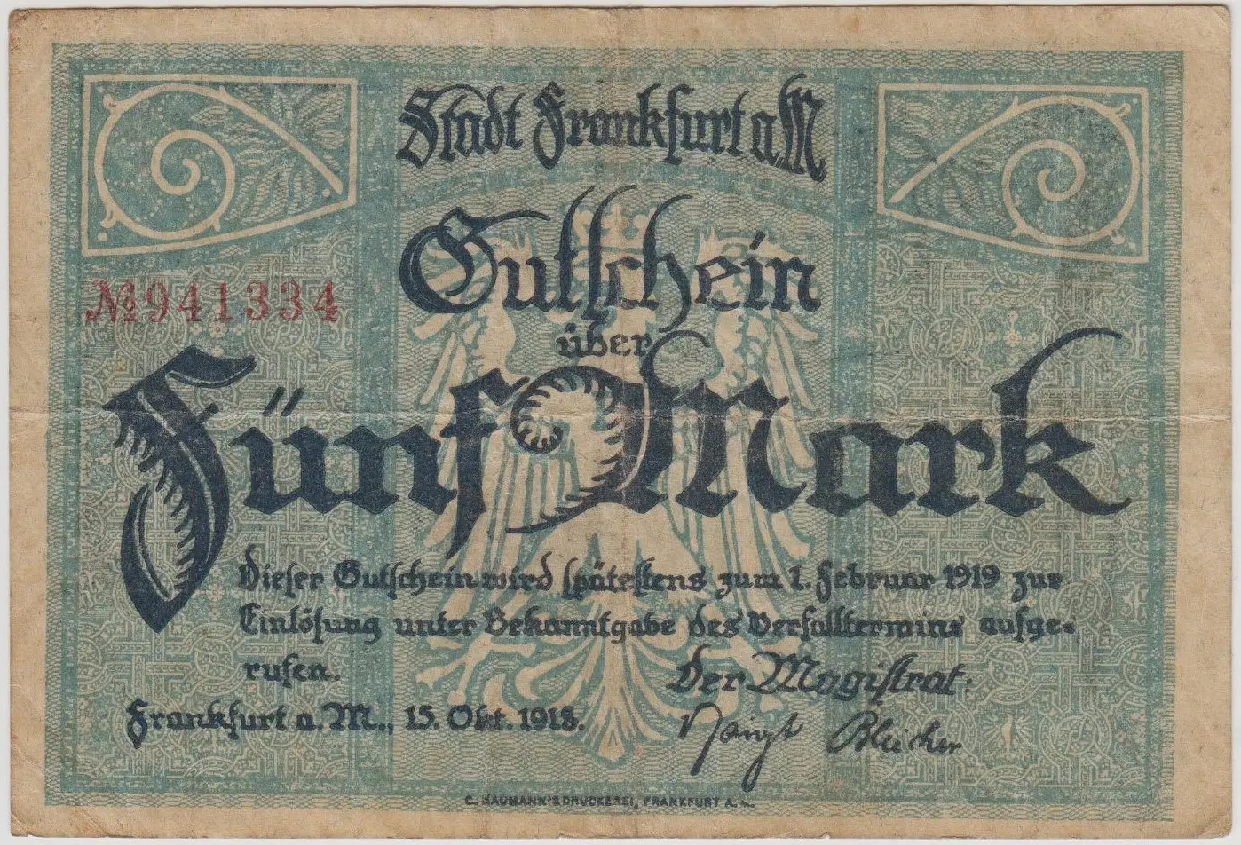 ALMANYA 5 MARK 1918 NOTGELD-FRANKFURT. ÇOK TEMİZ(-)