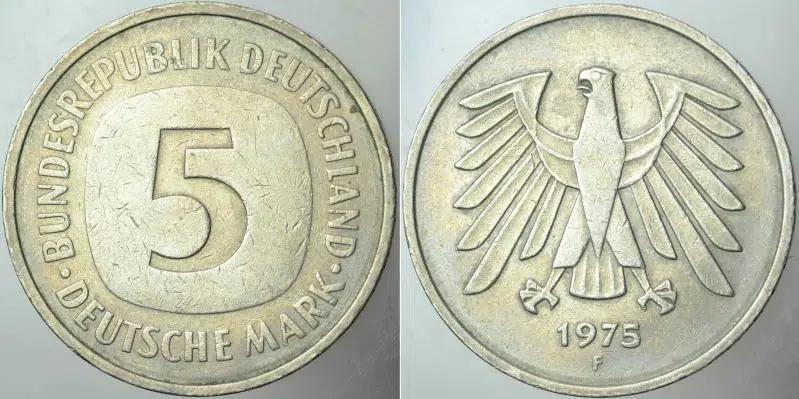 ALMANYA 5 MARK 1975 F HARFİ=STUTTGART DARPHANESİ DARBI.