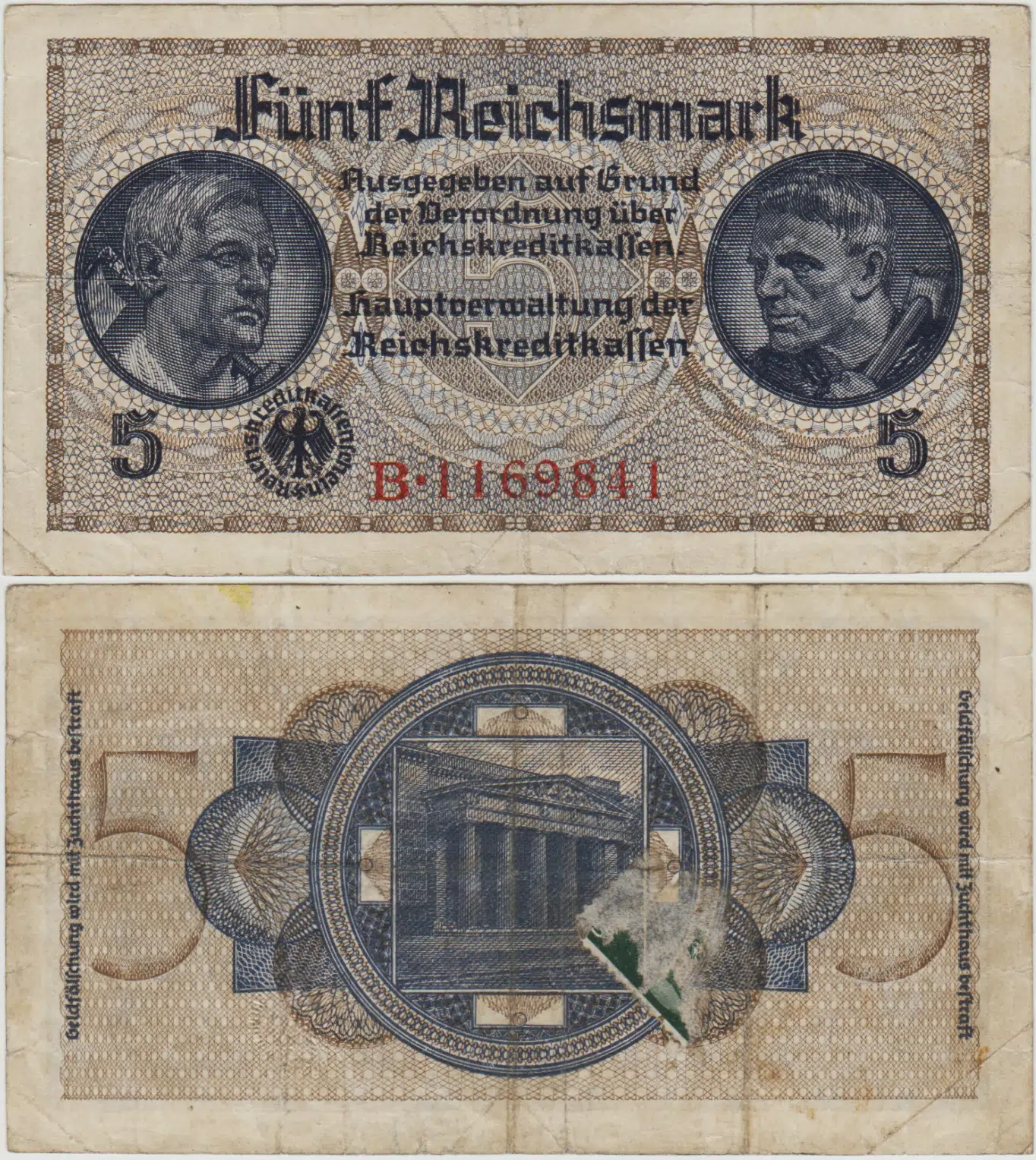 ALMANYA 5 MARK NAZİ İŞGAL TOPRAKLARI 1939-44 ARASI KULLANILMIŞTIR. Arka yüzde pul kalıntısı ÇOK TEMİZ.